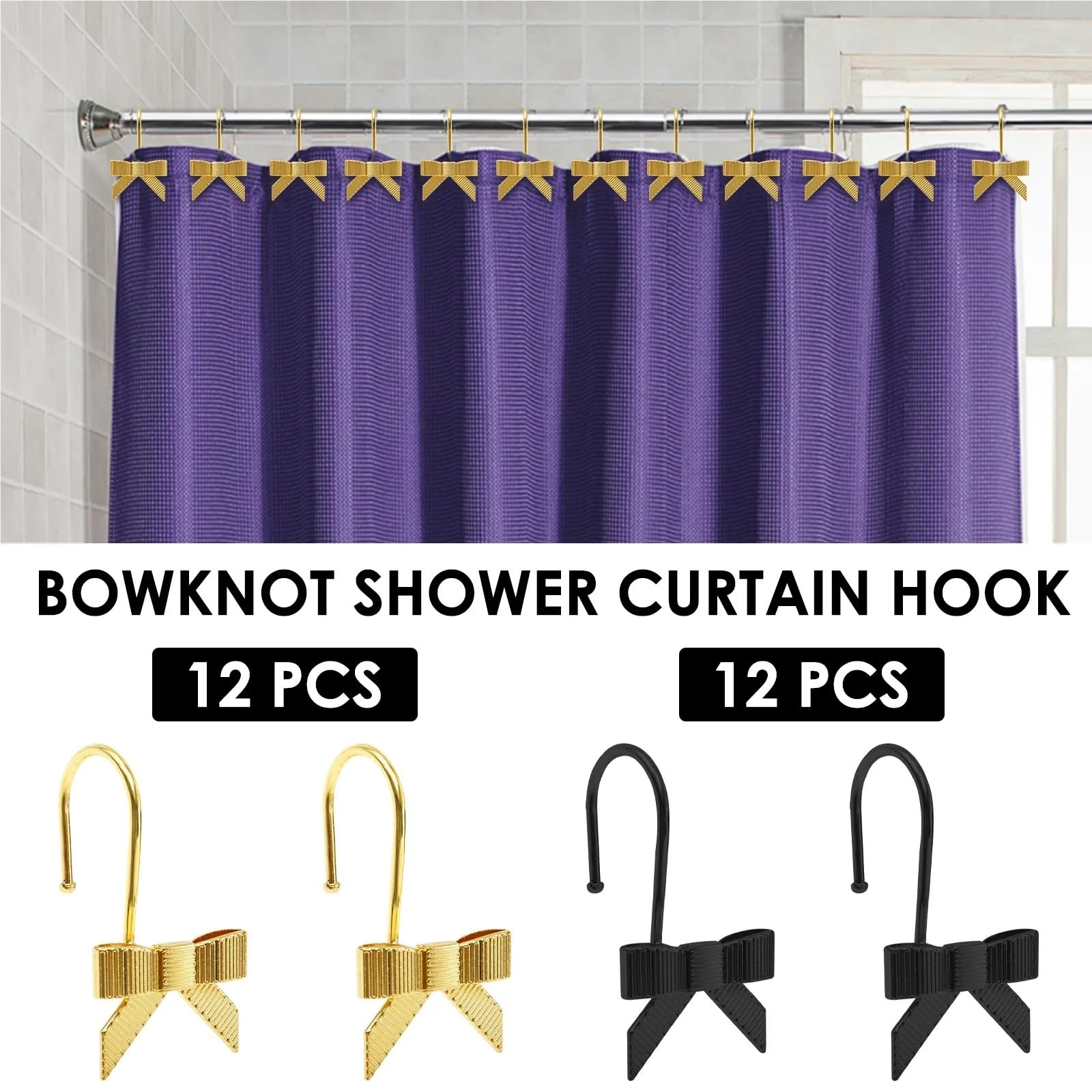 12 ganci for tende da doccia, anelli, nodi ad arco, ganci graziosi decorativi, accessori for il bagno di casa(12pcs Gold)