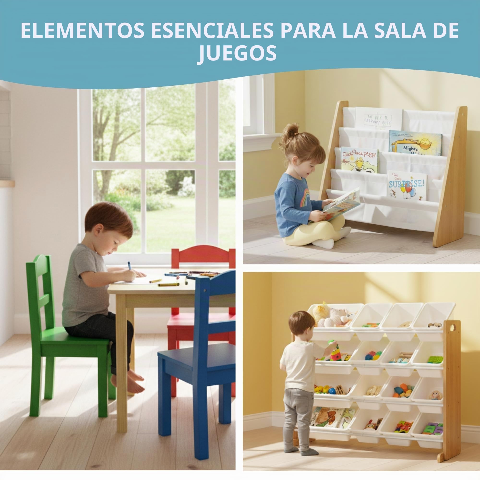 Humble Crew Juego Mesa Cuadrada Madera y 4 sillas: Natural/Colores primarios, diseño Alegre, Seguro para niños, fomenta Juego, Montaje fácil