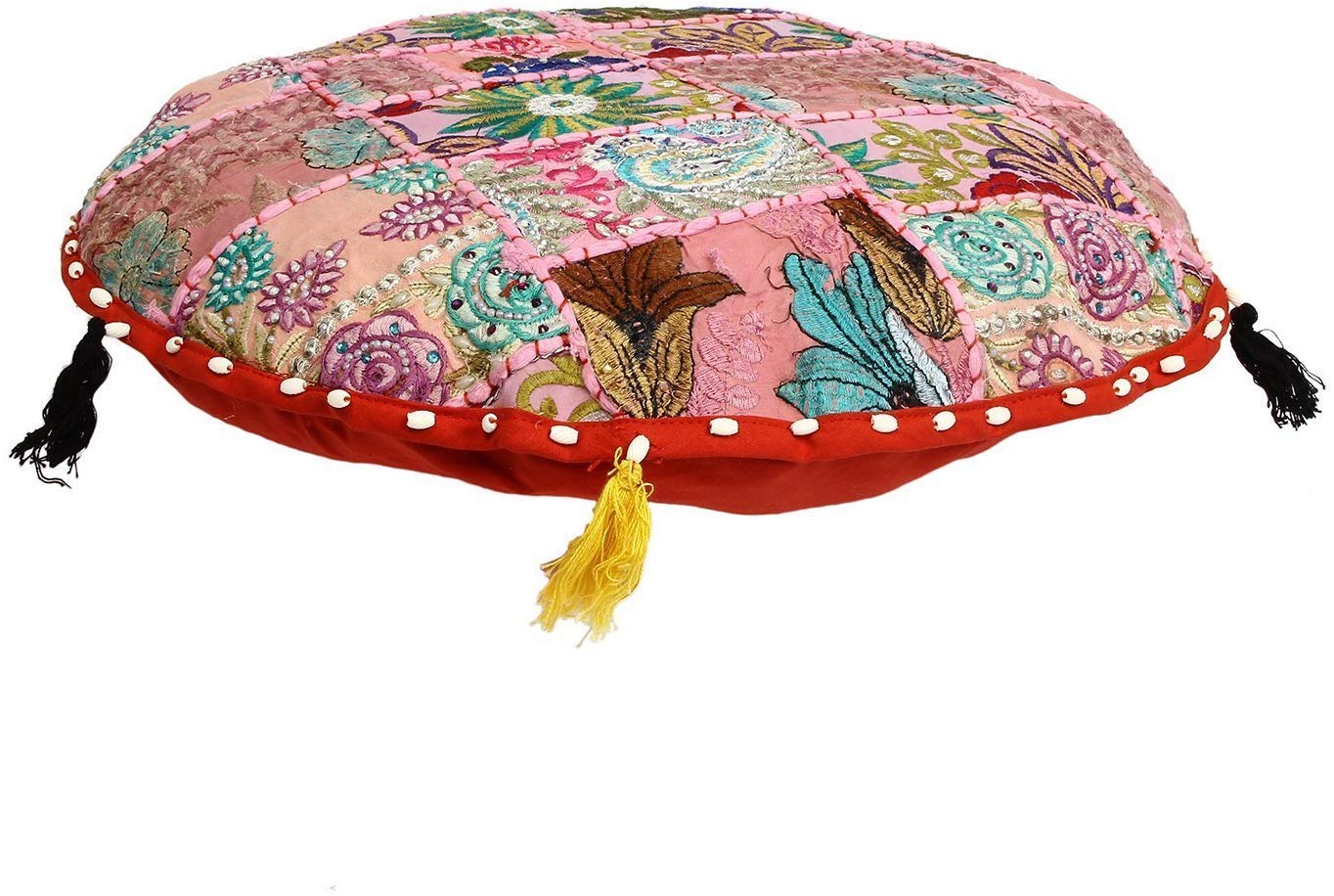 Sophia Art Round Floor Pillow Cushion Patchwork Pouf Ottoman Vintage Indian Foot Stool Bean Bag Floor Pillow Cover Home Decor Living Room Ottoman Bohemain Pillows (Red, 40 Inch)