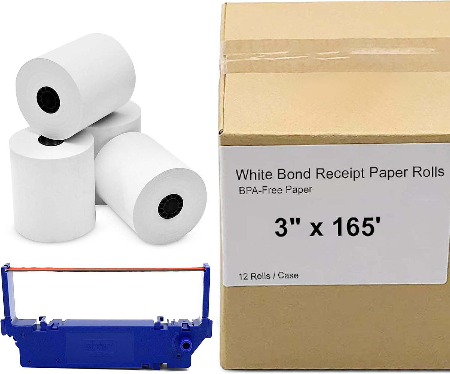 12 Roll Case of 3" x 165' Clover White Bond Receipt Roll Paper for Star SP700 Printer and 1 Star RC700BR Black/Red Printer Ink Ribbon