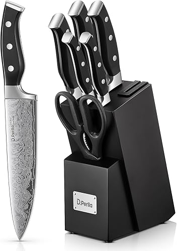 Miniatura 9 de D.Perlla - Juego de cuchillos de cocina con bloque, 14 piezas con afilador integrado, juego de bloques de cuchillos de acero inoxidable con patrón