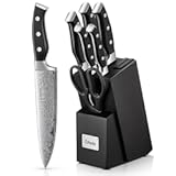 Knife Set&comma; D&period;Perlla 7 Pieces Kitchen Knife Set with Built-in Sharpener&comma; High Carbon Stainless Steel Knives Set with Unique Waved Pattern&comma; Non-slip Ergonomic Handle&comma; Black