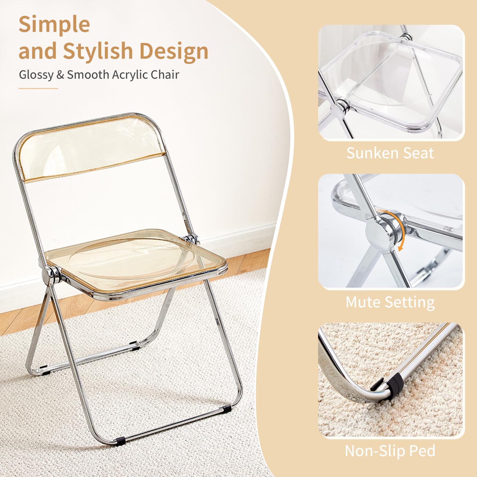 KAIHAOWIN Silla plegable de acrílico moderna de lujo, sillas plegables de cristal, apilables, de plástico, para sala de estar, marco cromado y silla acrílica plegable para interior