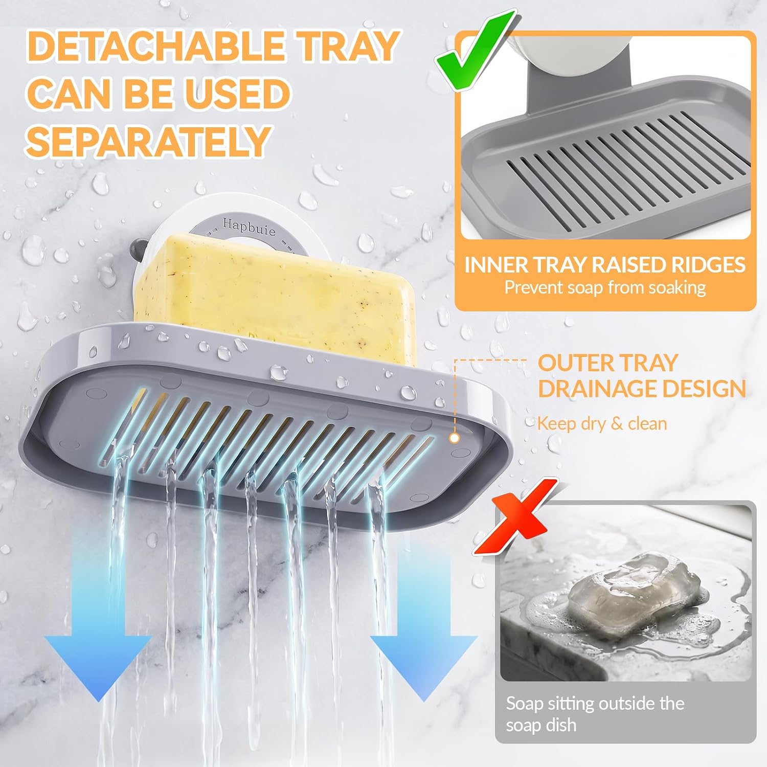 Rotating Suction Soap Dish Holder for Shower, No Drill, White Gray