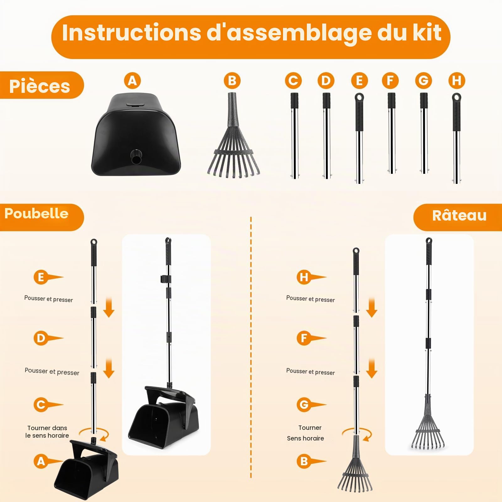 HAPPY HACHI Ramasse Crotte pour Chien, Kit Poubelle et Râteau Pivotant à Long Manche Réglable avec 20 Sacs Poubelle, Pelle a Crotte Portable pour Chiens de Petite, Moyenne et Grande