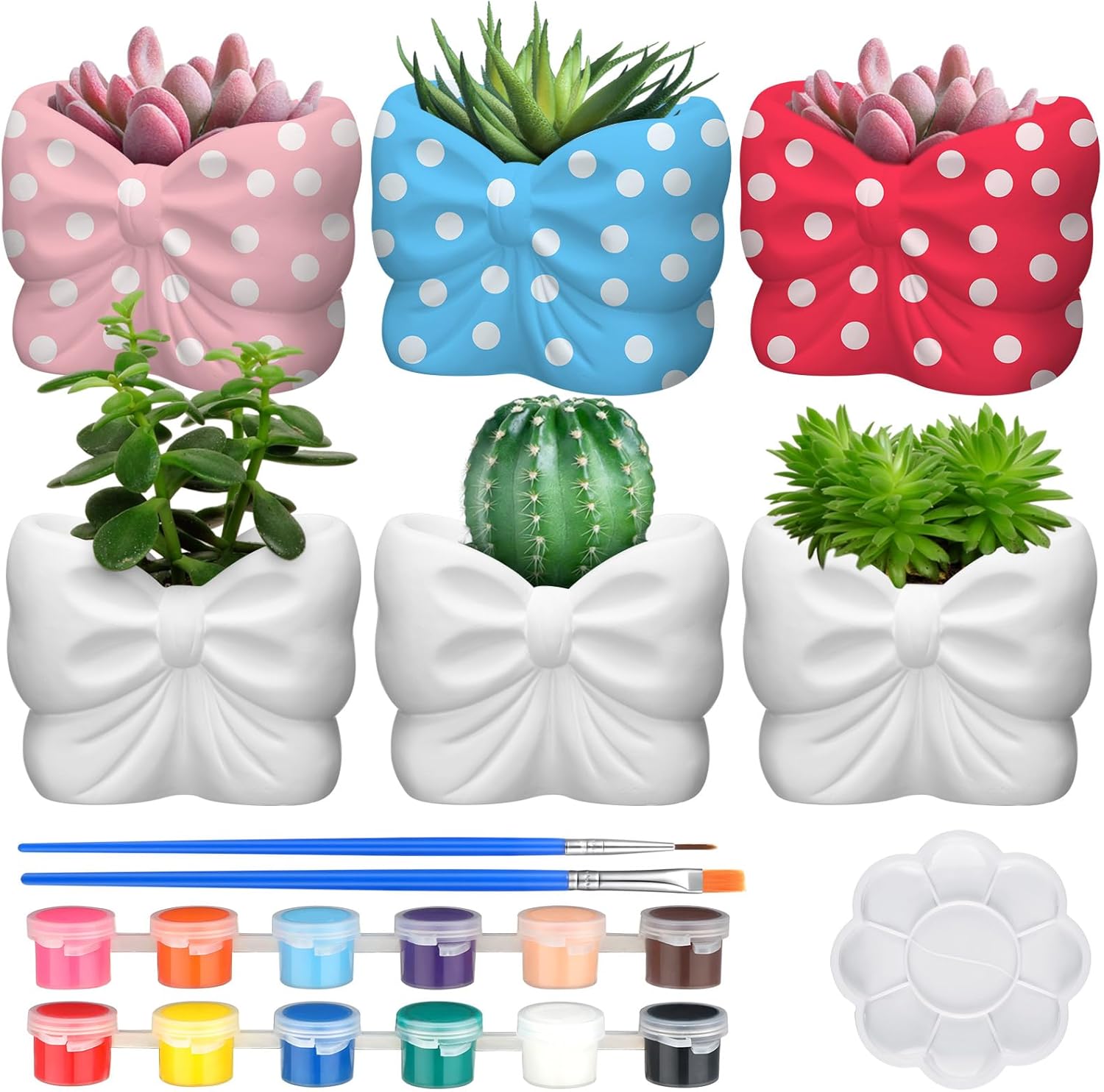 Beeveer 6 Sets Paint Your Own Coquette Bow Succulent Planter Ceramic Blank Unpainted Flower Pots DIY Paintable Porcelain Vase Kit for Kids Christmas Classroom Craft Project Activity Supplies