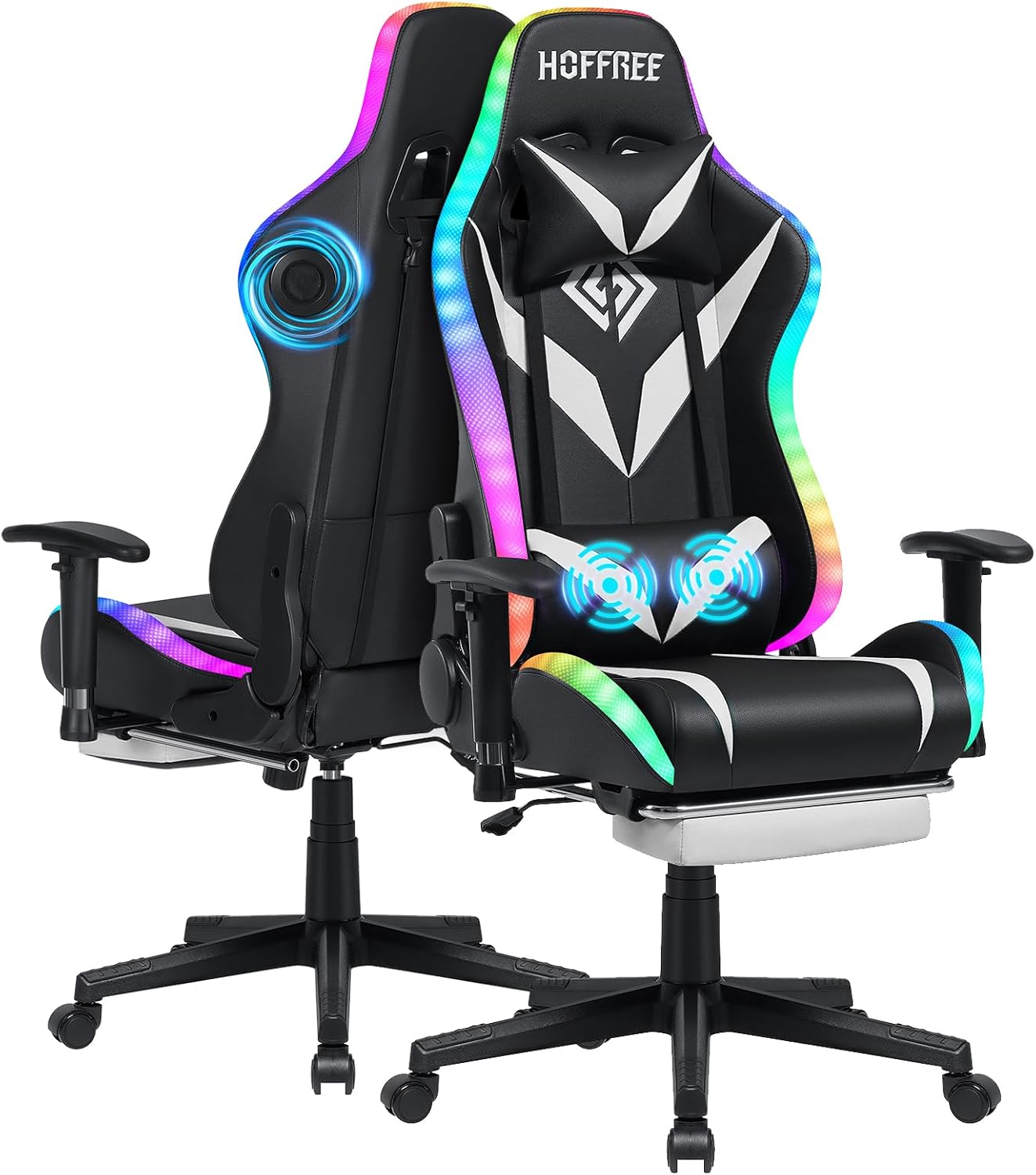 HOFFREE Gaming Chair with Bluetooth Speakers and Led Lights Massage Vide Game Chair with Footrest Reclining High Back Computer Gamer Chair White and Black
