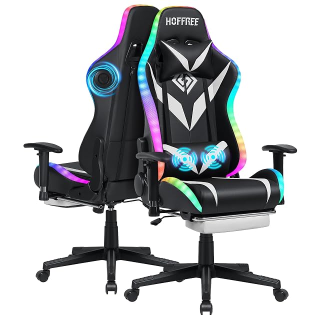 Hoffree Led Gaming Chair with Speakers Massage 165° Reclining Computer Chairs-White