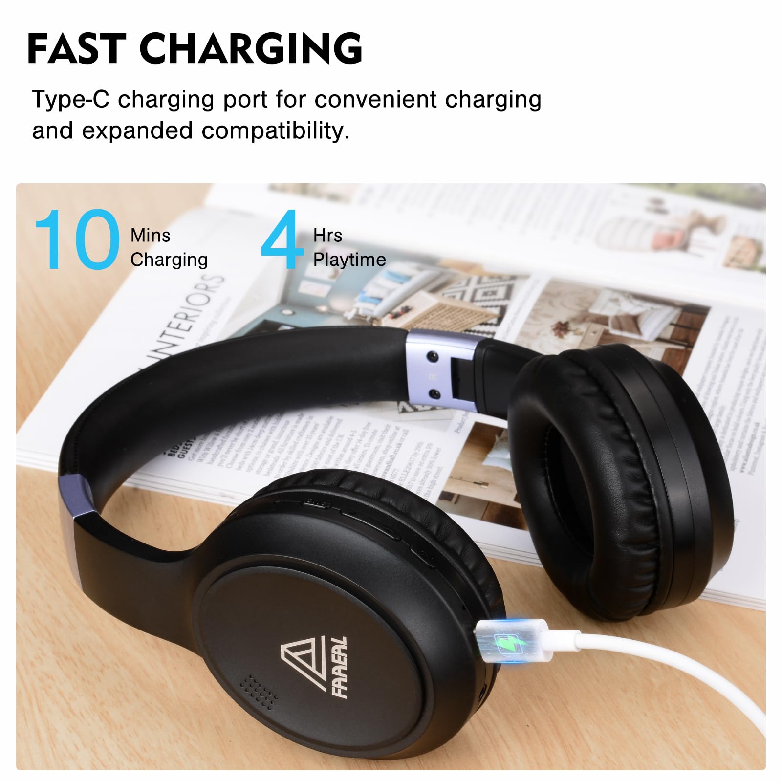 FAAEAL Casque Bluetooth supra-auriculaire à réduction de bruit, 68 heures de lecture, casque sans fil avec micro, casque pliable léger avec basses profondes, son stéréo HiFi pour voyage, travail,