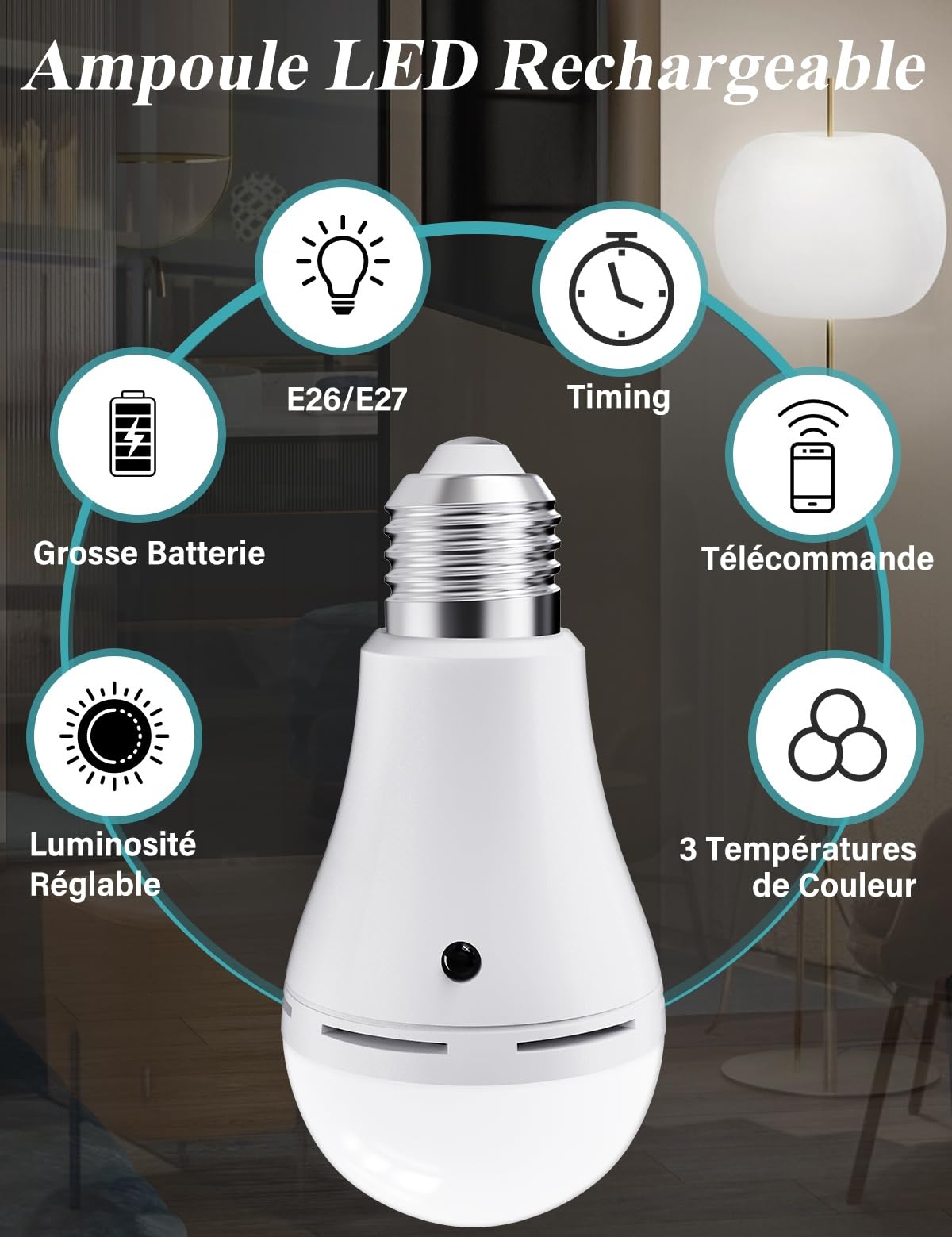 Ampoule LED Rechargeable USB C avec télécommande, alimentée par batterie 7W, commande tactile E27, variable, lumière blanche chaude  39