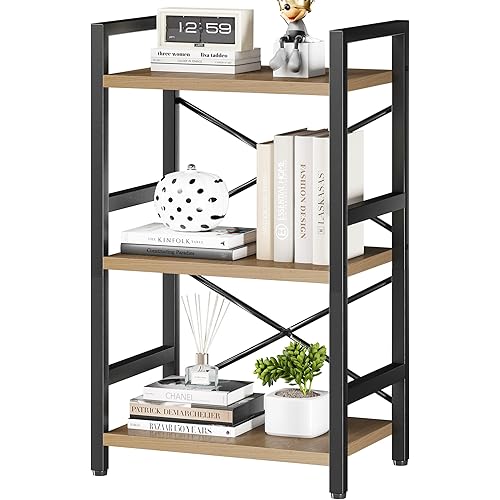 Homeiju Bookshelf, 3 Tier Industrial Bookcase, Metal Small Bookcase, Rustic Etagere Book Shelf Storage Organizer for Living Room, Bedroom, and Home Office(Light Coffee) Patent Pending D29873033