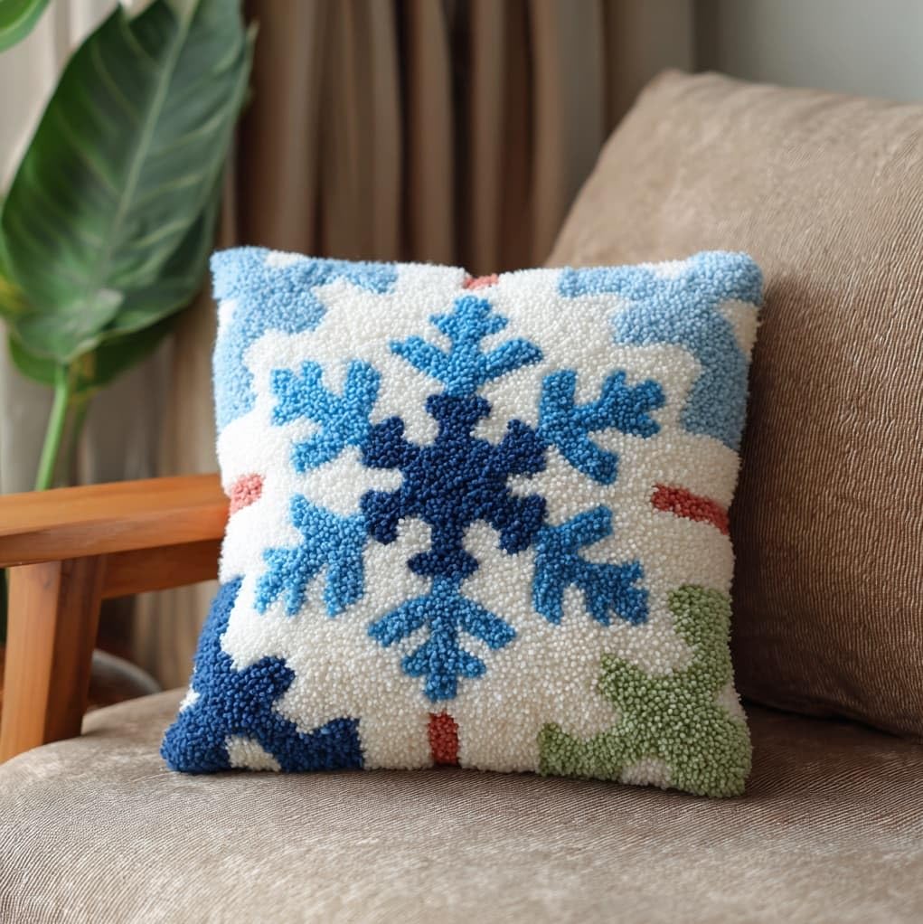 Henypt Latch Hook Craft Cushion Kit 43x43cm,Snowflake Pillow Cover Needlework for Bedroom Lounge,Easy to Make Starter Set for All Ages
