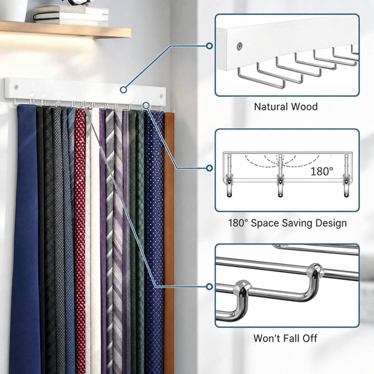 Wall-Mounted Belt Hanger, Wood Rack with 20 Rotating Hooks
