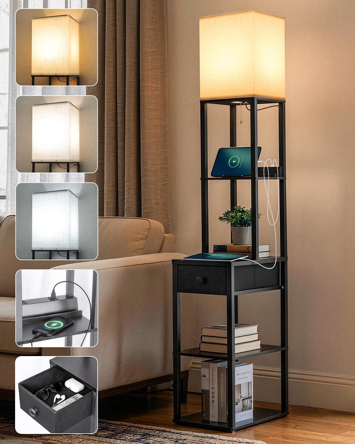 Floor Lamp with Shelf, Solid Living Room Floor Lamp with 3 Color Temperatures 3000K-6500K, 2 USB Charging Ports and 1 Drawer, Indoor Lighting Bedroom and Living Room, Black