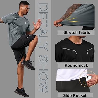 BUYJYA 3 Pack Men's Gym Shorts Shirt Set Workout Athletic Basketball Running Football Elastic Waist with Pocket Gifts