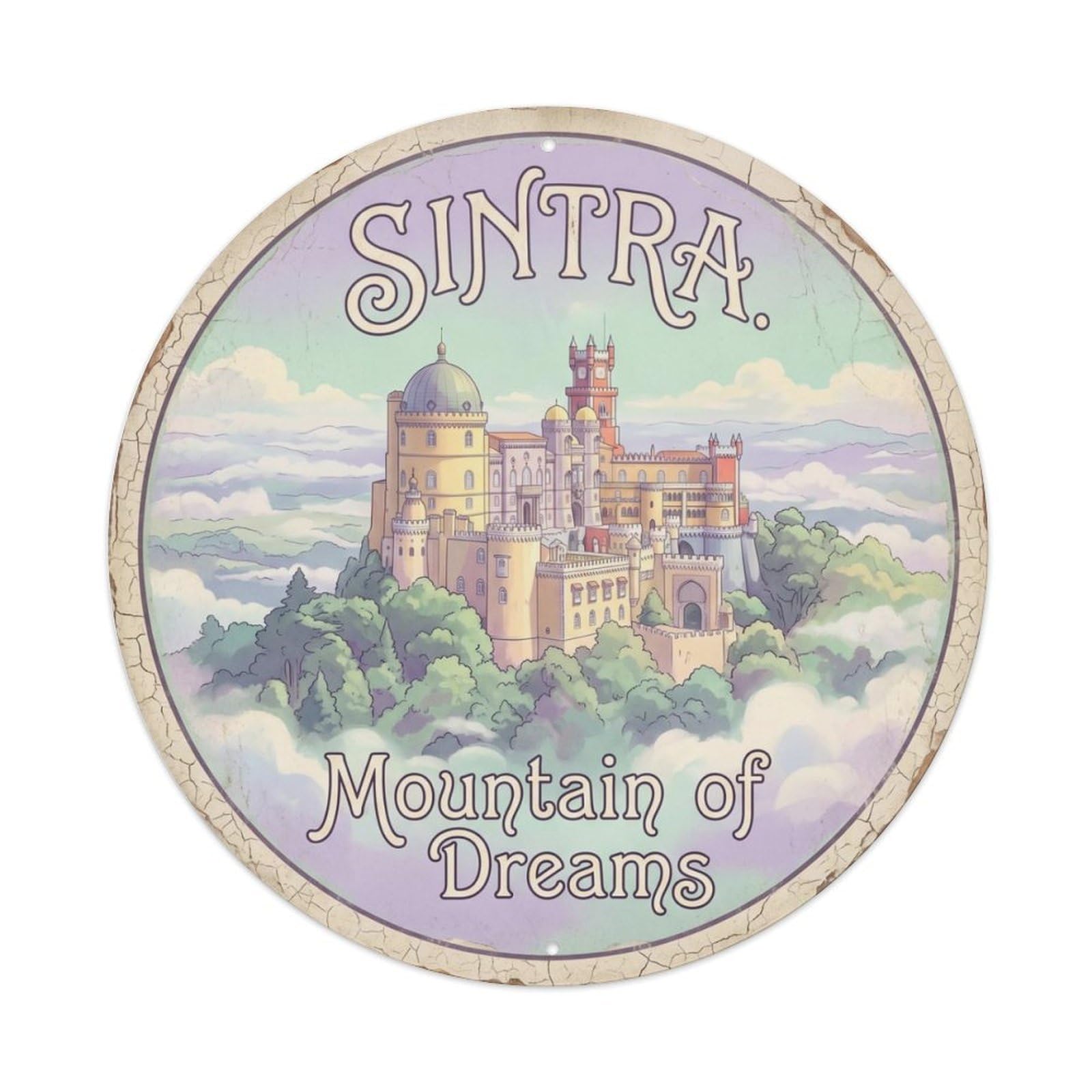 Vintage Travel Pena Palace Sintra Metal Tin Sign Plaque Wall Decor for Cafe, Club, Garden Round Metal Poster 8x8Inch
