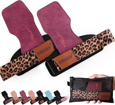 Frelaxy Lifting Wrist Straps Women and Men, Weight Lifting Grips with Cushion Wrist Loop, Double Layer Leather and Storage Pouch, Gym Workout Straps for Deadlift and Powerlifting