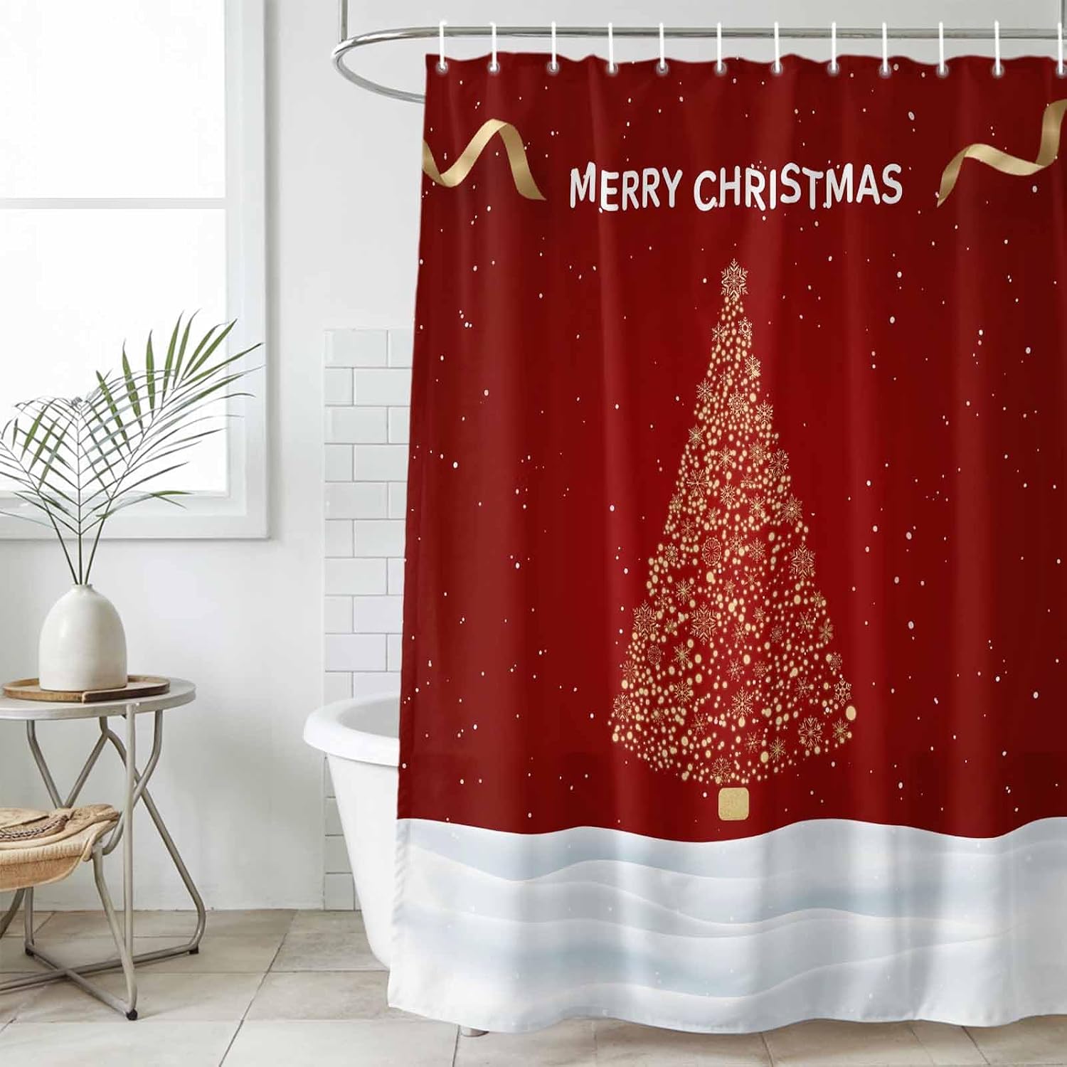Merry Christmas Waterproof Shower Curtains Set - Standard Shower Curtain 66 x 72 Inch, Xmas Pine Trees Snow Snowflakes Red Fabric Bathroom Curtain with 12 Hooks, Bathroom Accessories
