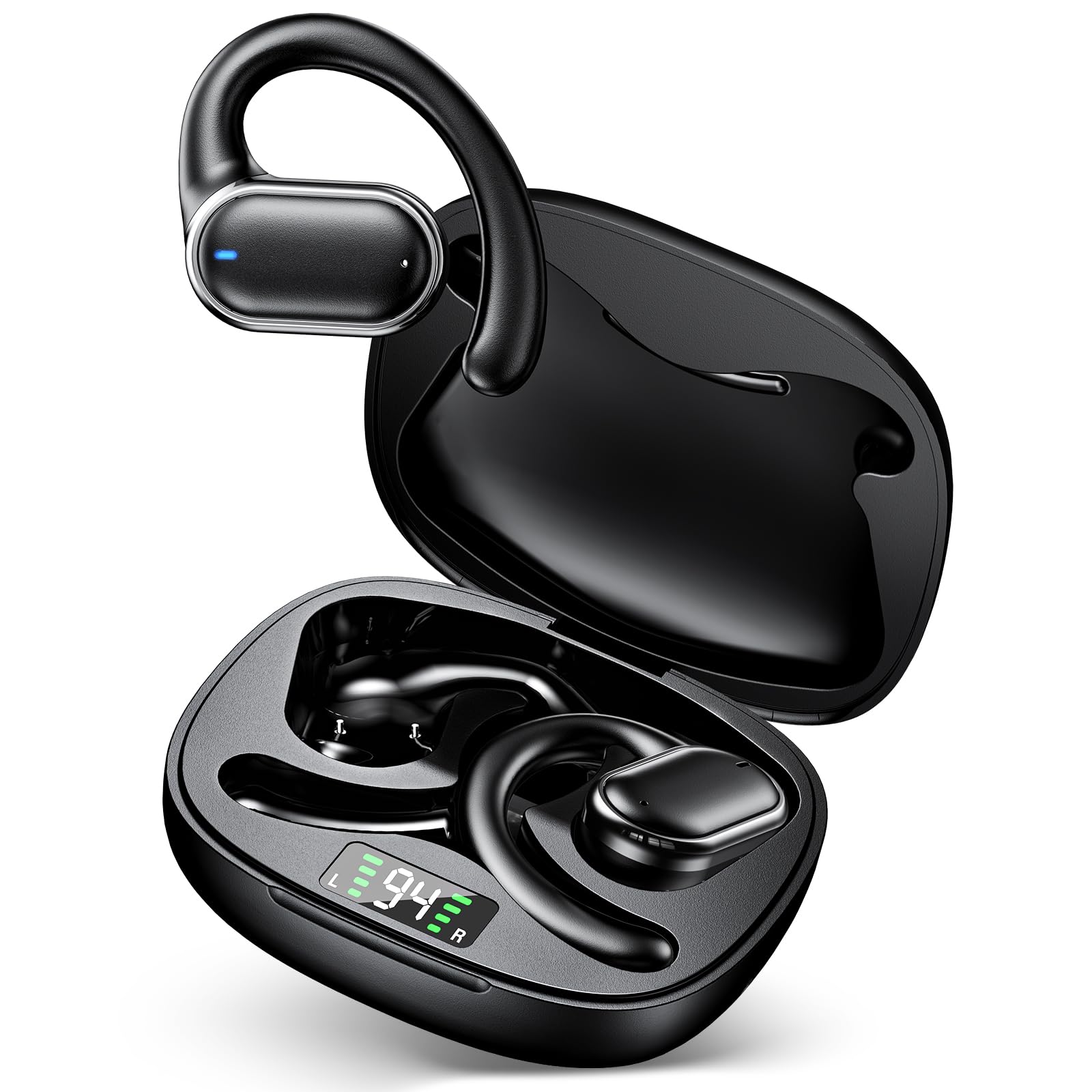 Casque de Sport sans Fil, Casque Bluetooth 5.3 Ouvert, avec Micro HD et Annulation du Bruit ENC, Basses Améliorées, Affichage LED, Casque Bluetooth étanche IPX7 pour iOS et Android, Noir