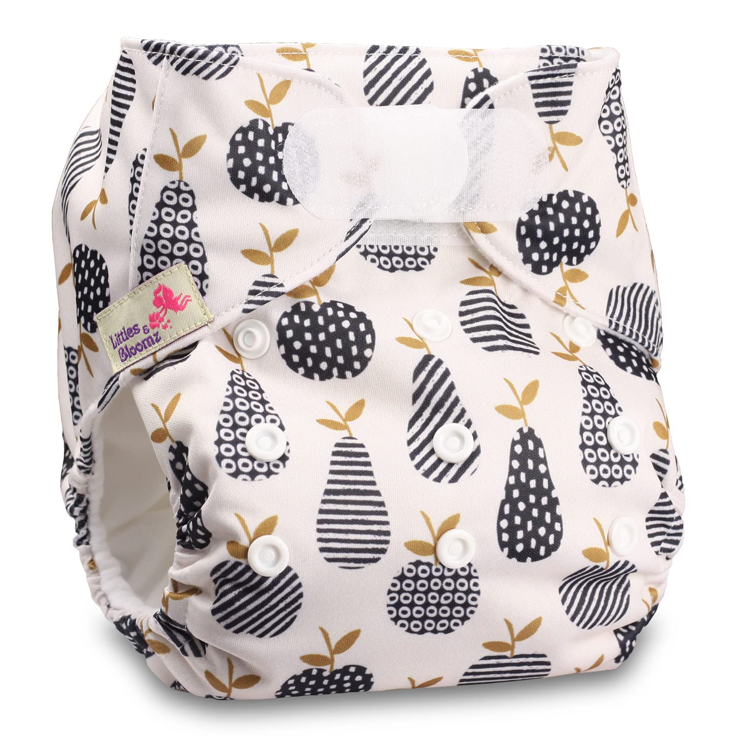 Littles & Bloomz, Reusable Pocket Cloth Nappy, Fastener: Hook-Loop, Set of 1, Pattern 6, with 2 Bamboo Charcoal Inserts