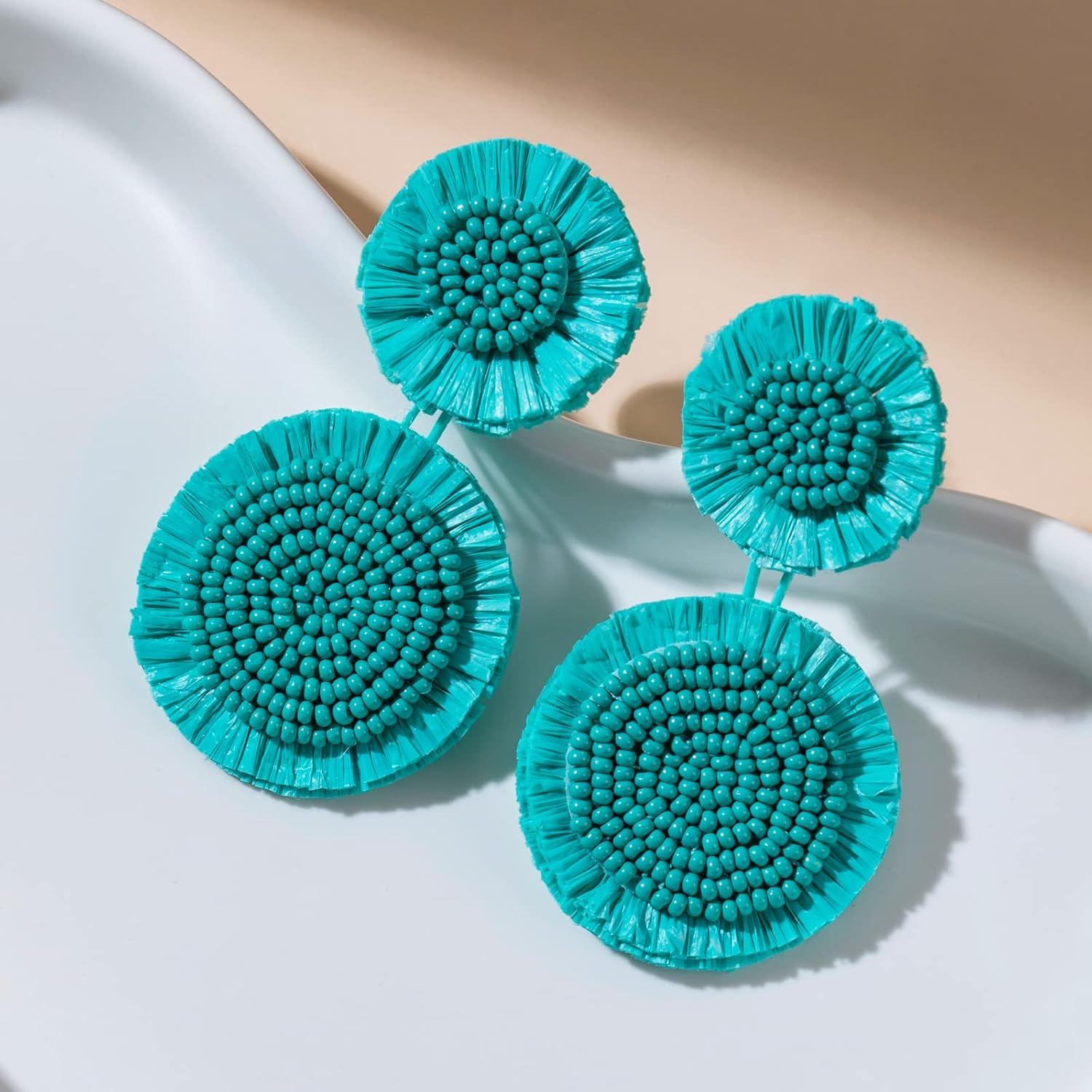 Boho Raffia Dangle Earrings Beaded - Handmade Tropical Flower Earrings for Summer Beach Vacation - Image 4