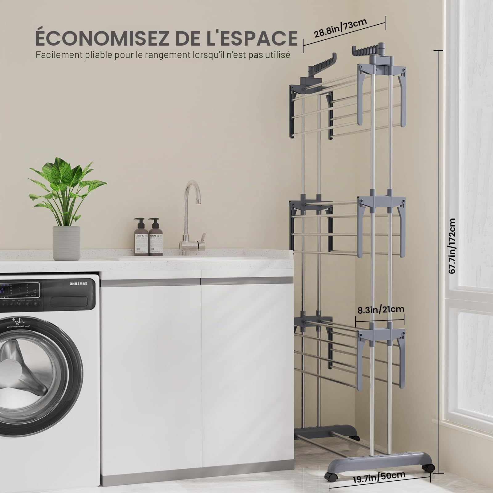 Innotic Sèche-Linge à 4 Niveaux en Acier Inoxydable - Grande Base Pliable - pour intérieur et extérieur (Gris)