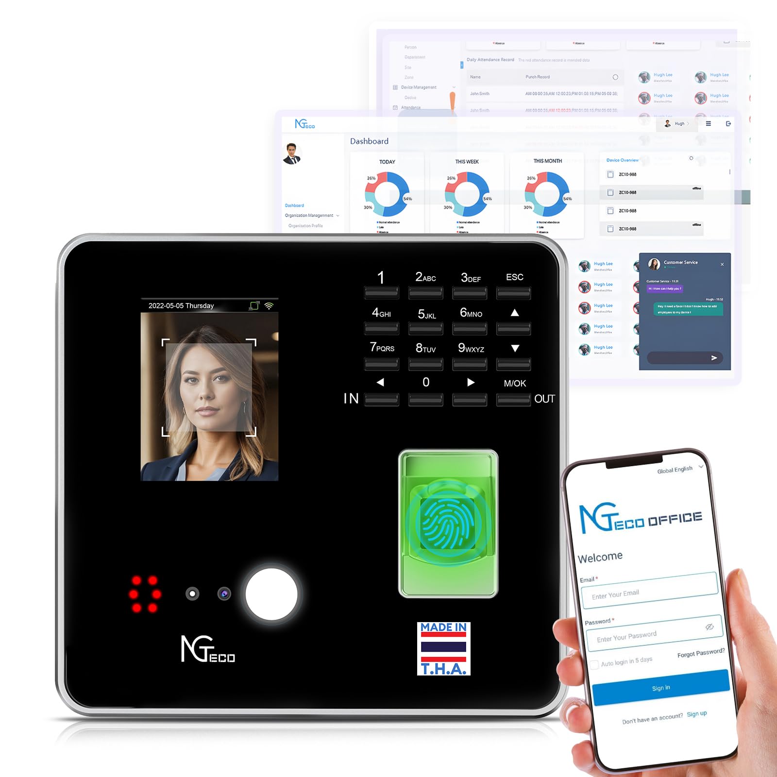 NGTeco Cloud-Based Time Clock TC1, 4-in-1 Time Clocks for Employees Small Business with Remote Control Software & App, 2.4GHz WiFi Clock in Machine with IC Cards, No Monthly Fee