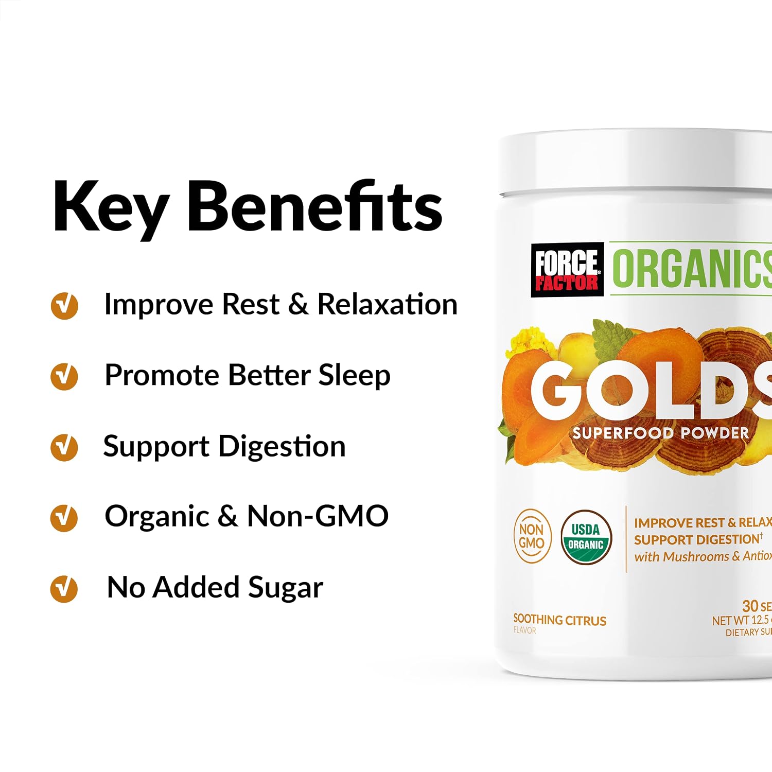 Force Factor Organics Golds Superfood Powder to Improve Rest and Relaxation, Turmeric Curcumin and Mushroom Supplement with Turkey Tail Mushroom, Chaga, and Ginger, Soothing Citrus
