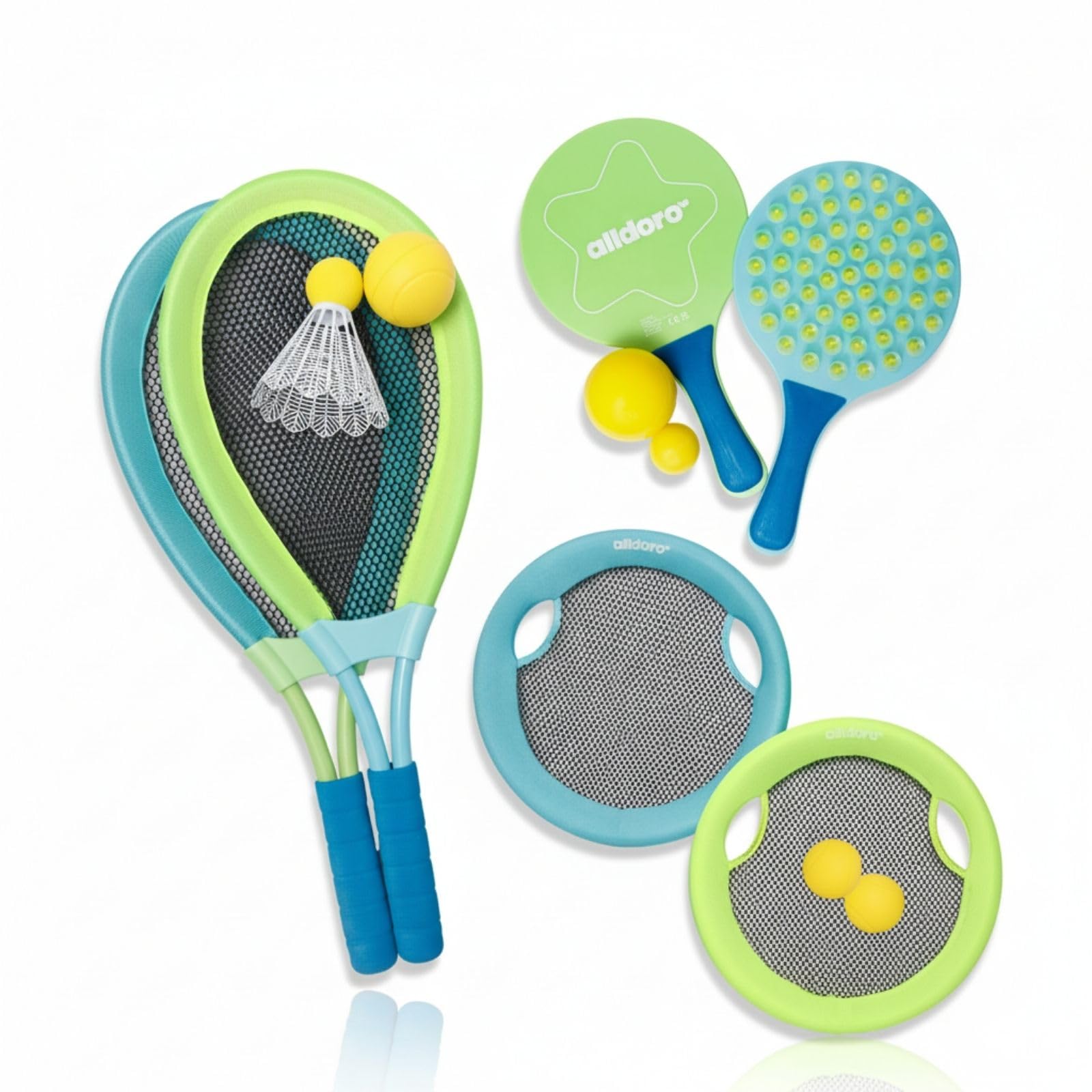 alldoro 68782 XXL Outdoor Spielset 3-in-1 - Beachball, Federball & Soft Tennis, 3 Rückschlagspiele für Garten & Strand, ab 5 Jahre