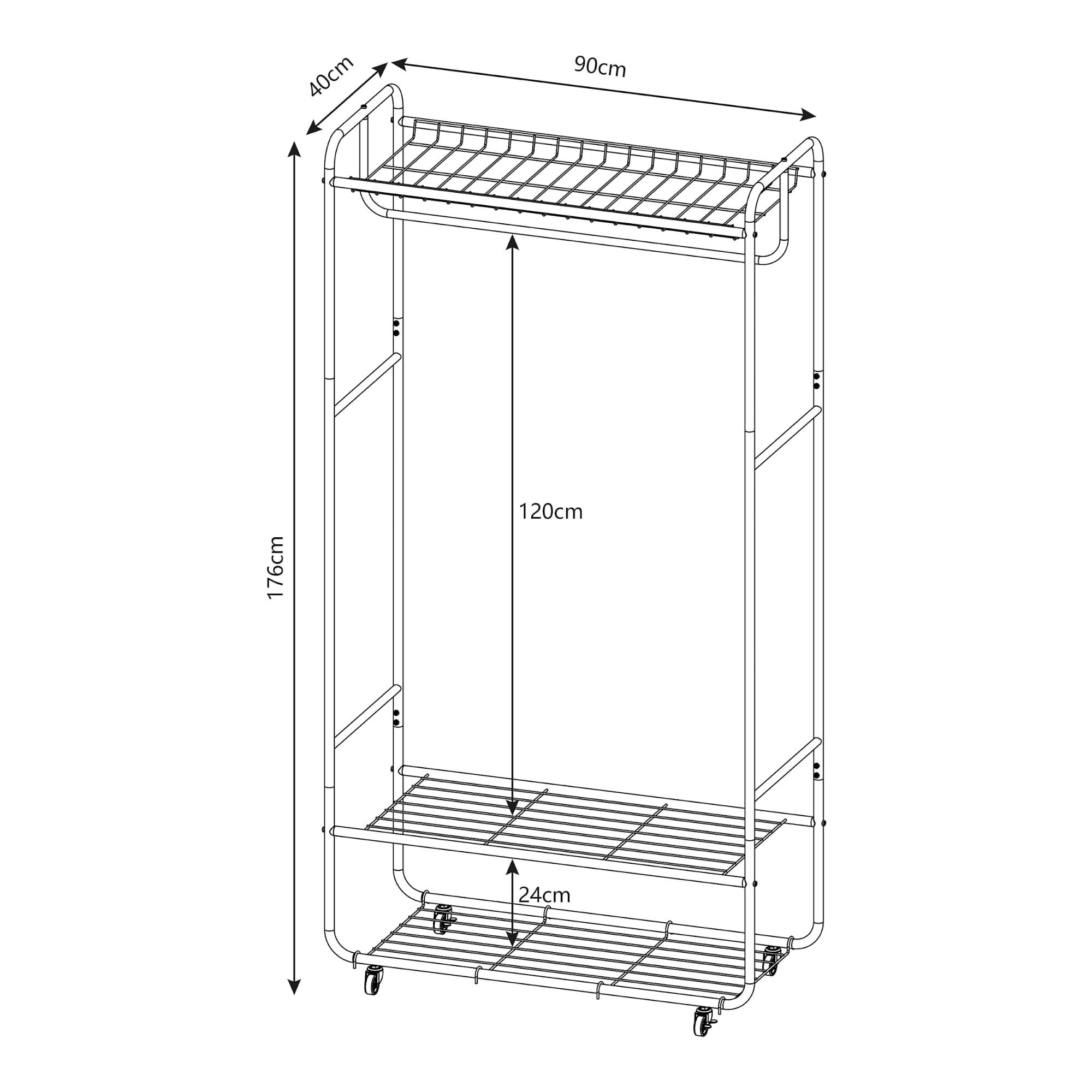 [en.casa] Wieszak na ubrania zwijany Vestvågøy Wieszak na płaszcze na kółkach z drążkiem na ubrania 176 x 90 x 40 cm Wieszak na ubrania do przedpokoju z 3 półkami siatkowymi Metal Czarny
