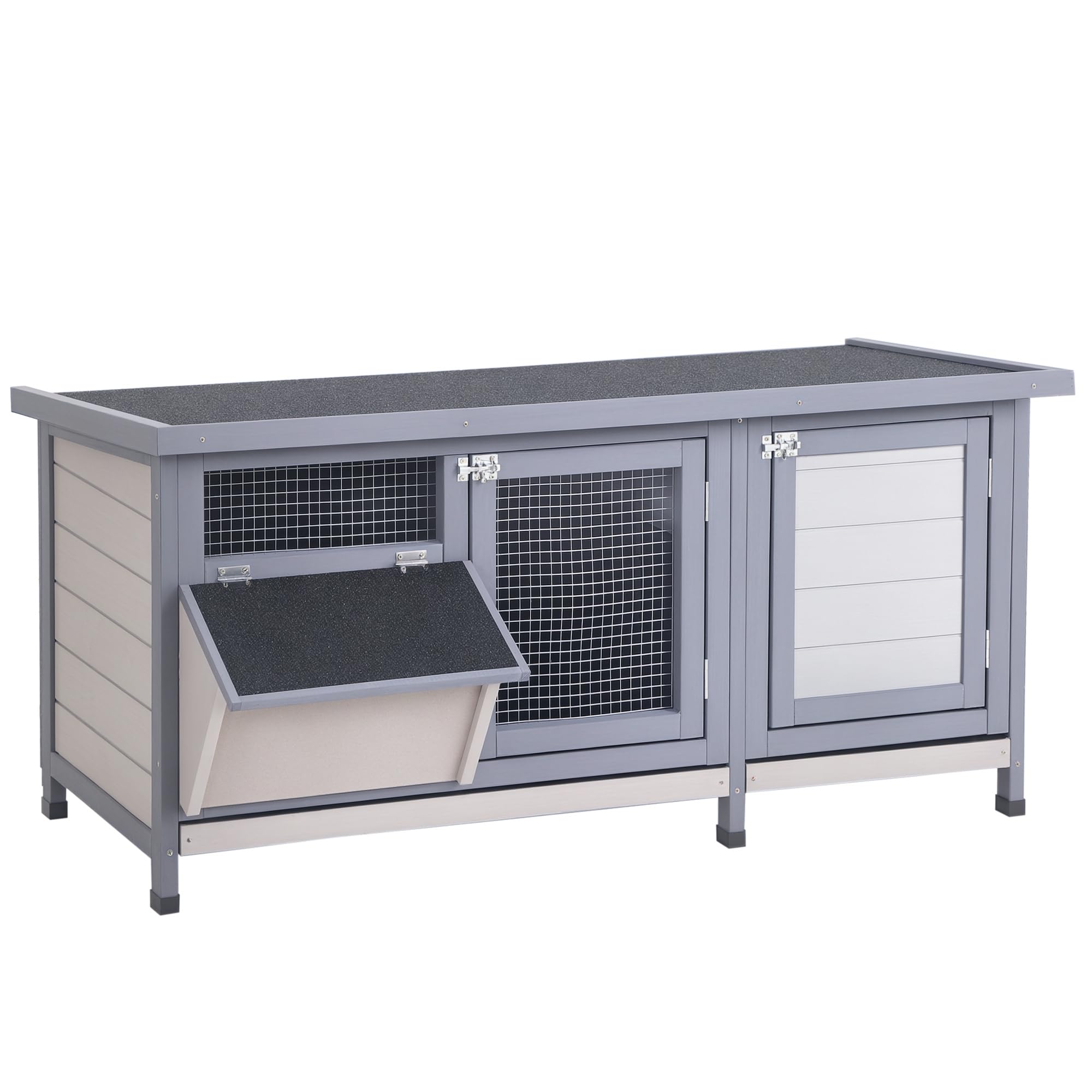 PawHut Conejera de Madera, Jaula para Conejos con Techo Asfáltico Abatible, Puertas con Pestillo, Bandejas Extraíbles y Comedero, Conejera para Exterior, 112x50x54 cm, Gris