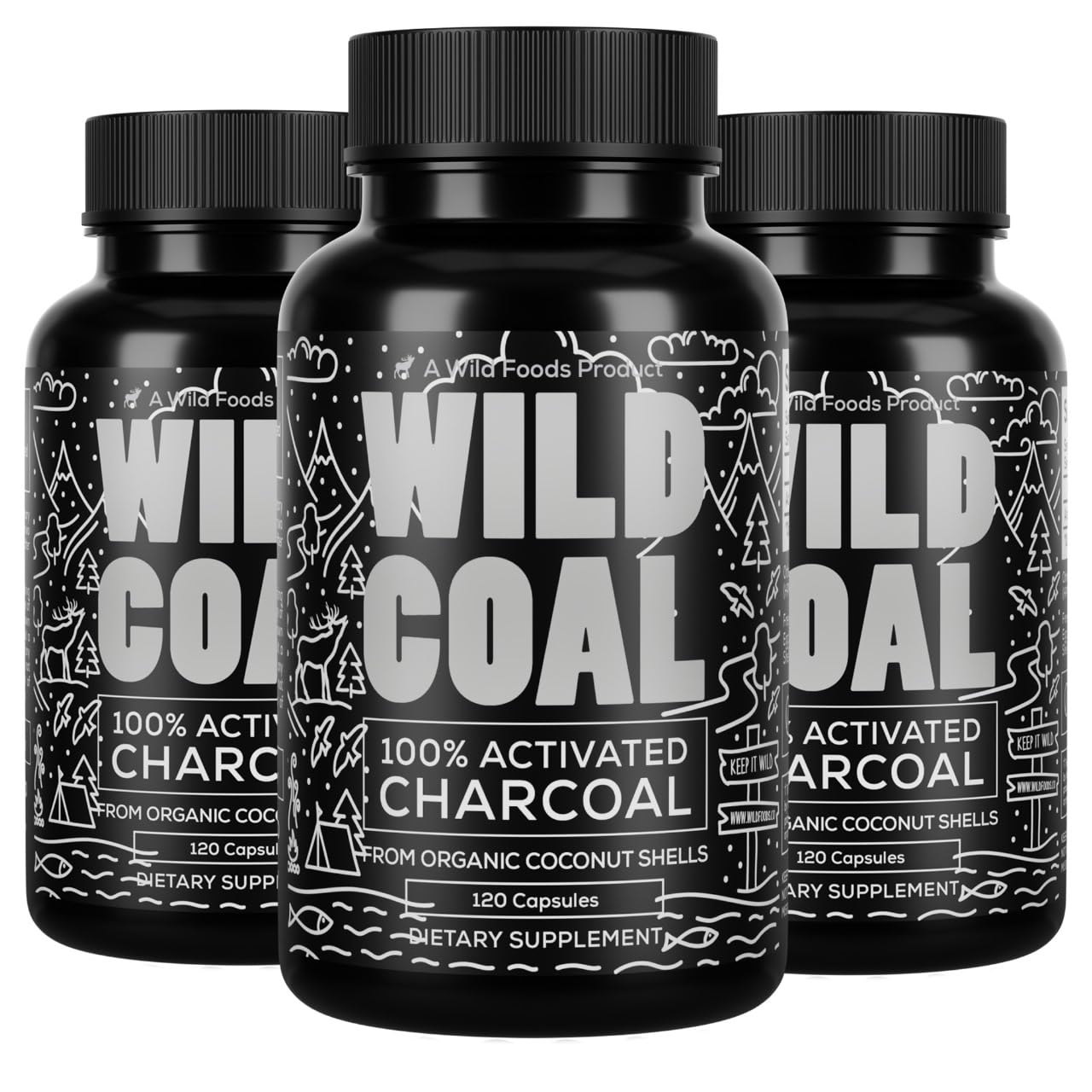 Wild Foods Activated Charcoal Capsules | 100% Organic Coconut Shells Active Tablets | Lab Tested & Non-GMO Detox Pills | USA (Three Bottles - 120 Capsules)