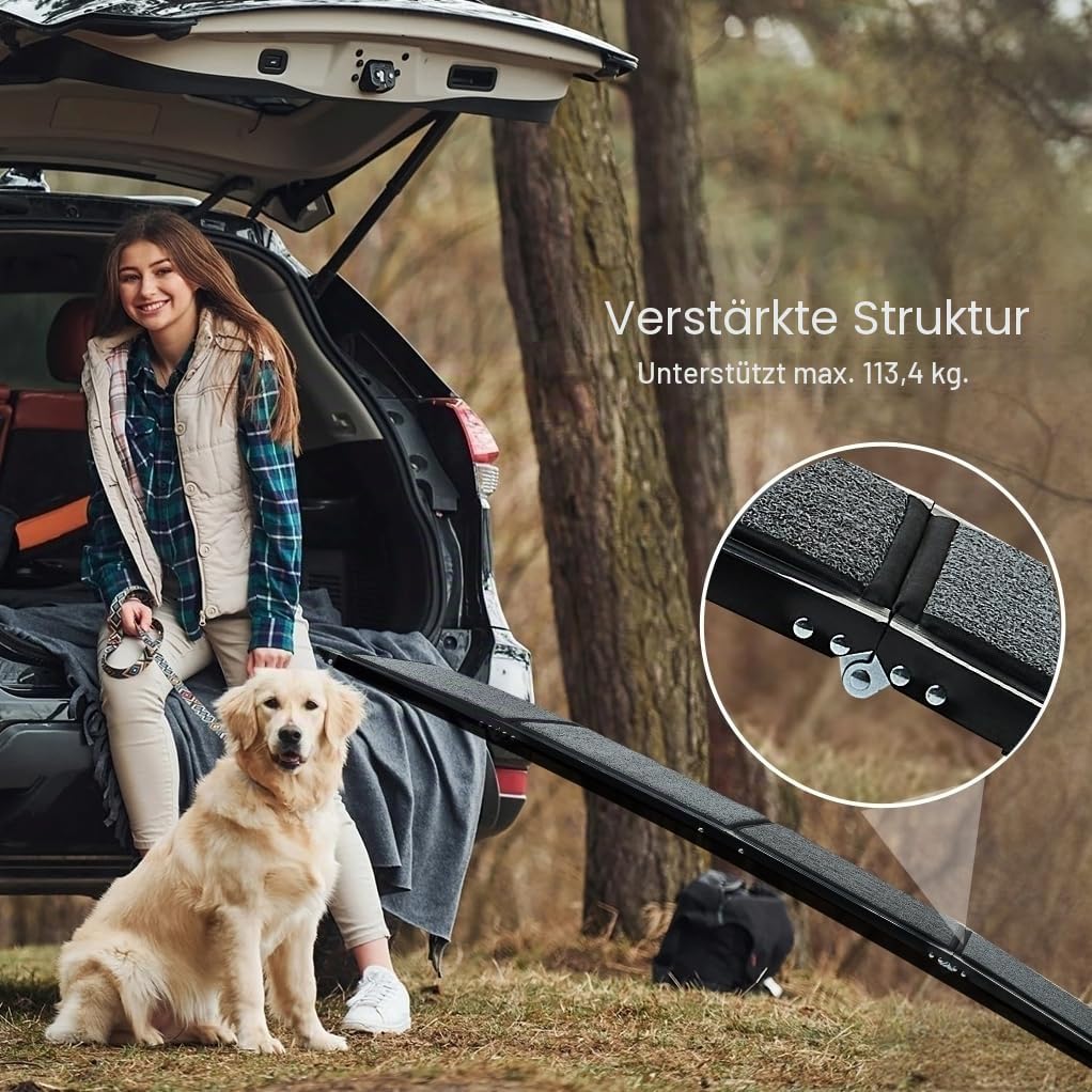 Haustierrampe (180 x 50 cm), Hunderampe für Auto, SUV und LKW, Faltbare und tragbare Haustierrampe mit Rutschfester Teppichoberfläche, leicht Stabil, extra breite Hundestufen