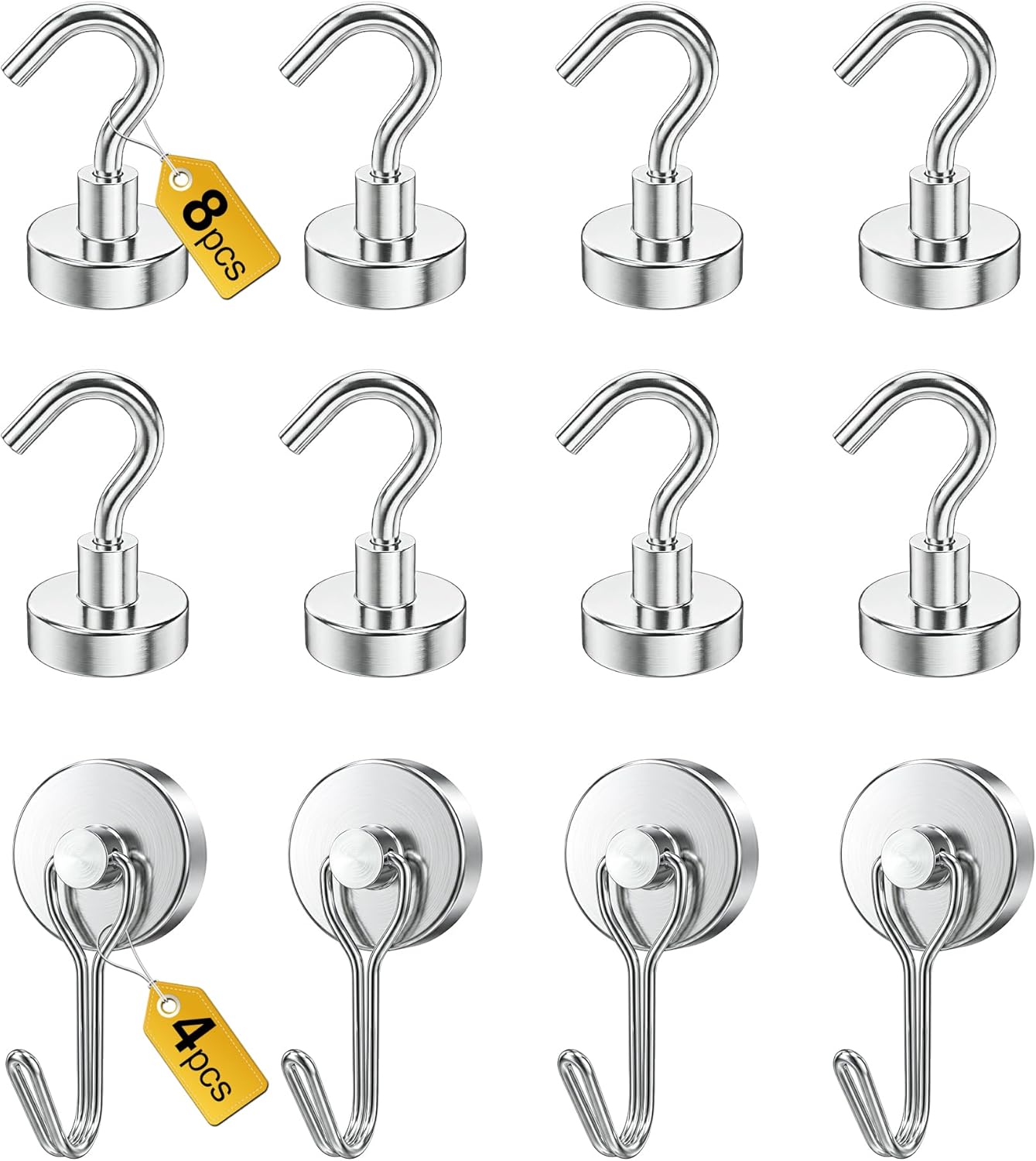 Tiergrade Magnetic Hooks, Medium 12-Pack Silver Heavy Duty Strong Magnet Hook for Refrigerator, Cruise Ship Cabin, Outdoor BBQ Grill, Kitchen & Garage (4 Swivel + 8 Fixed)