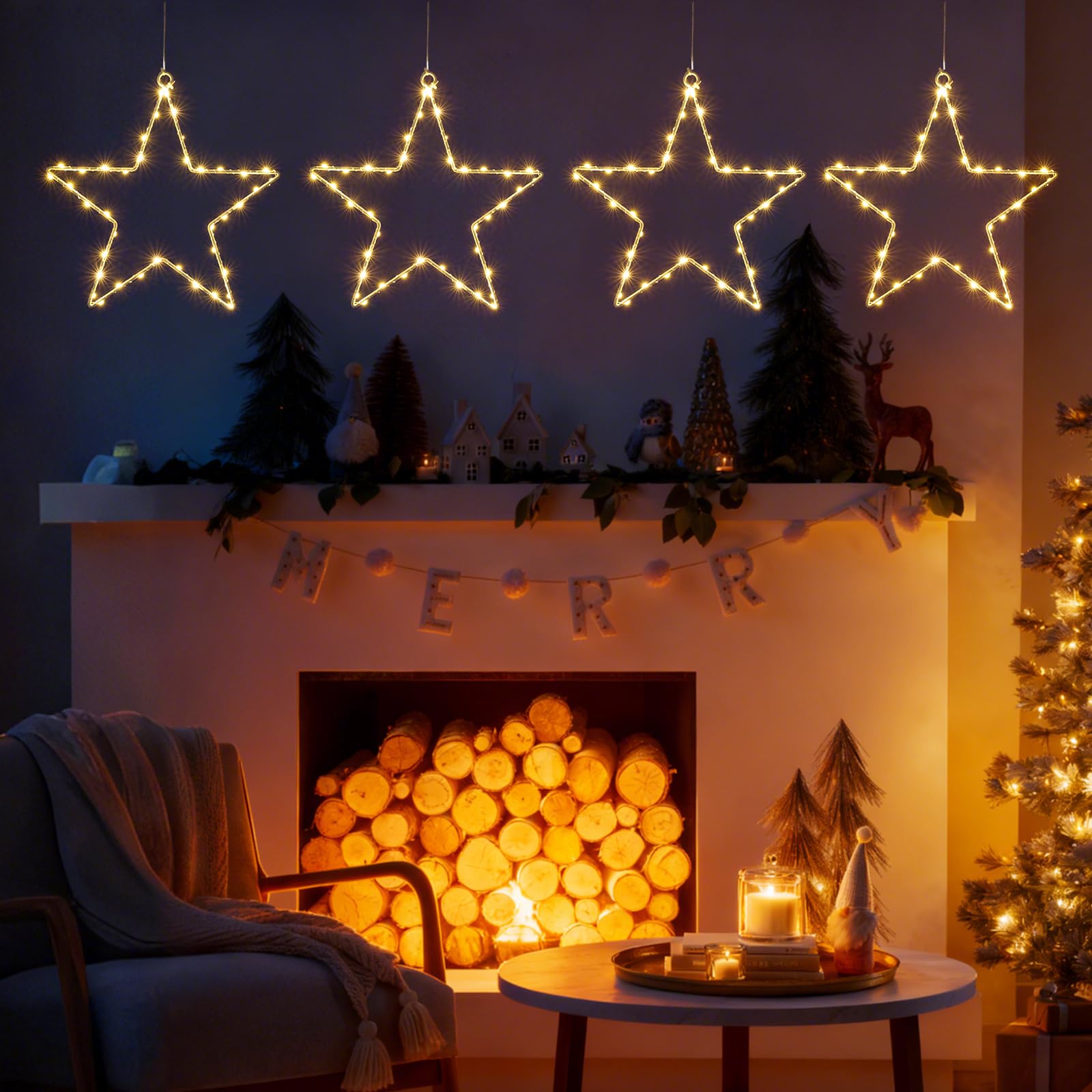 CMYK LED Weihnachtsstern Fensterlichter mit 4 Pack 40 warmweiße LED Stern Lichter Fenster Stern Weihnachtsbeleuchtung Fenster Hängeleuchten Vorhang Lichter Batteriebetrieben