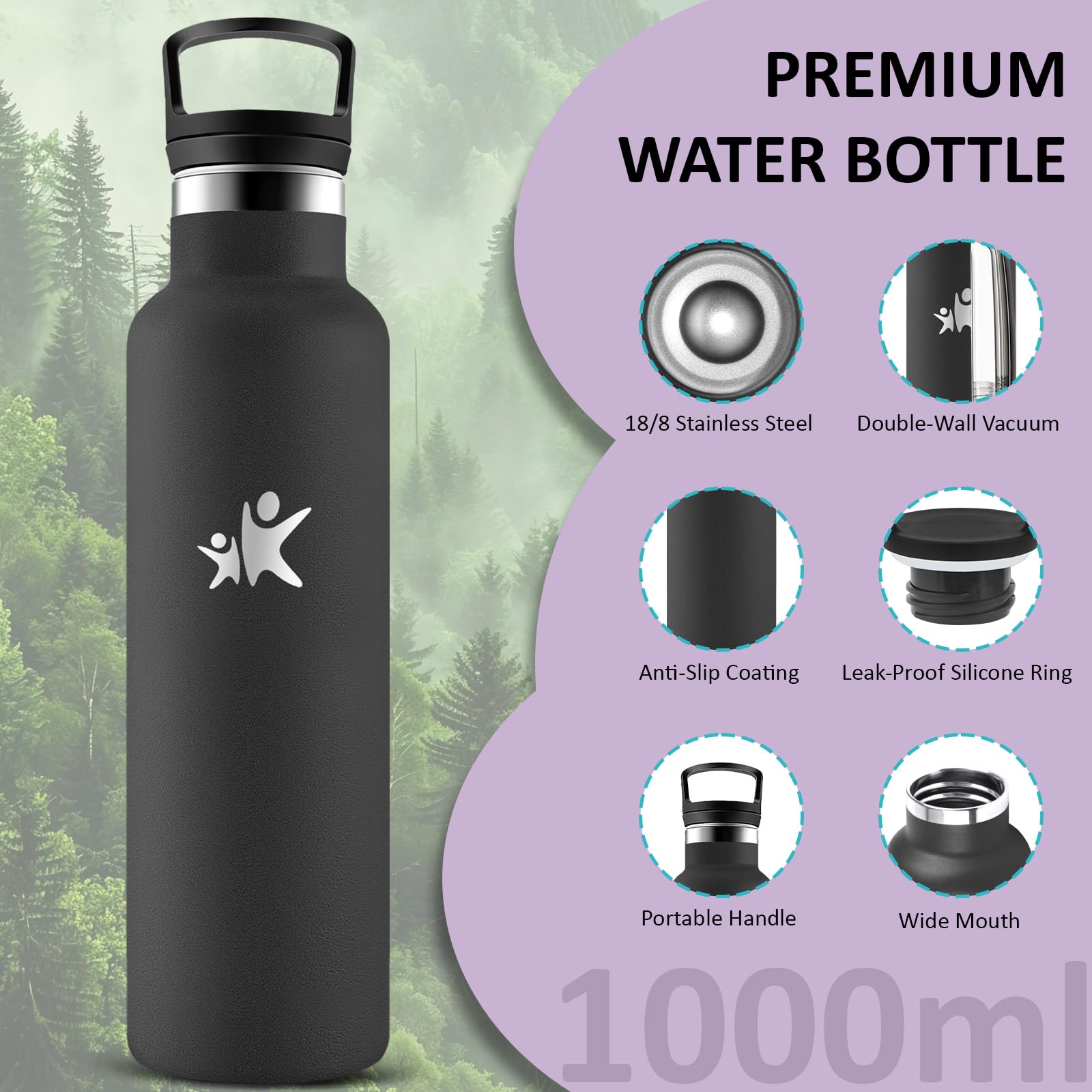 Borraccia Termica, Borraccia 1 litro, Senza BPA, Borracia con Cannuccia, Senza Perdite, Bottiglia Termica, Borracce Termiche, Isolato Sottovuoto, Borracce per Sport, Campeggio, Yoga, Palestra
