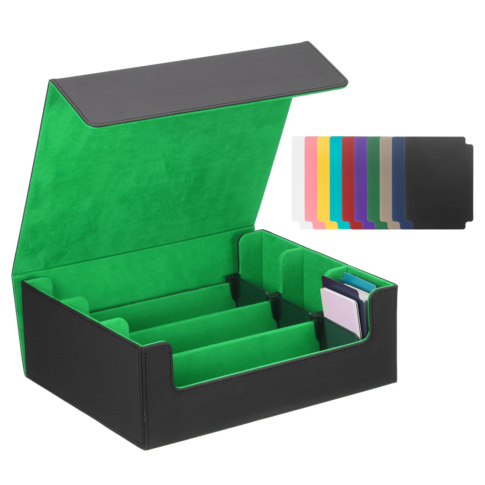 uxcell Scatola portaoggetti per carte collezionabili, in pelle, chiusura magnetica, per oltre 1800 carte con 10 divisori per giochi di magia, nero/verde scuro