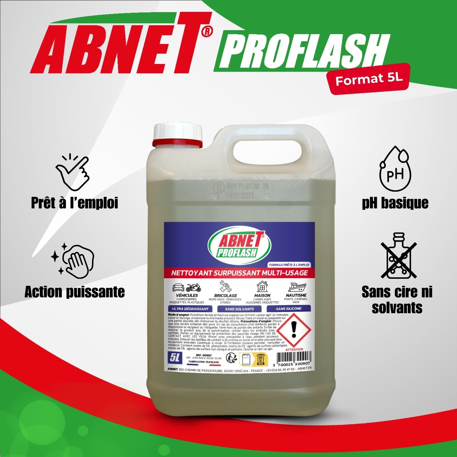 ABNET - Abnet Proflash -Nettoyant Surpuissant Multi-usages - Action détergente et dégraissante - Prêt à l’emploi - 5L