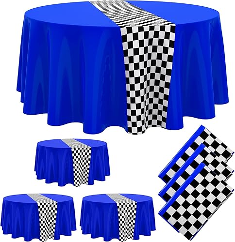 Oudain Suministros para fiesta de cumpleaños de coches, decoración de fiesta de carreras, mantel redondo de carreras con bandera a cuadros, mantel