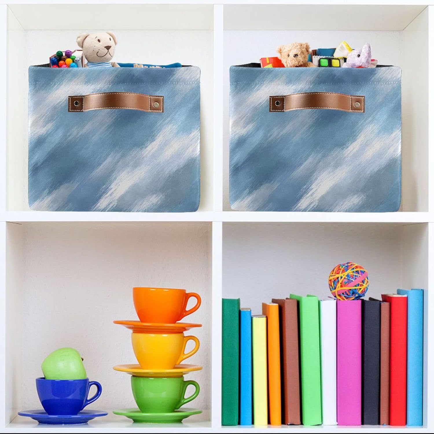 OTVEE Canvas Bins for Closet Shelves Organizing Blue Brush Art Storage Basket Baby Clothes Organizers Storage Box Nursery Bins Gift Baskets 2 Pack