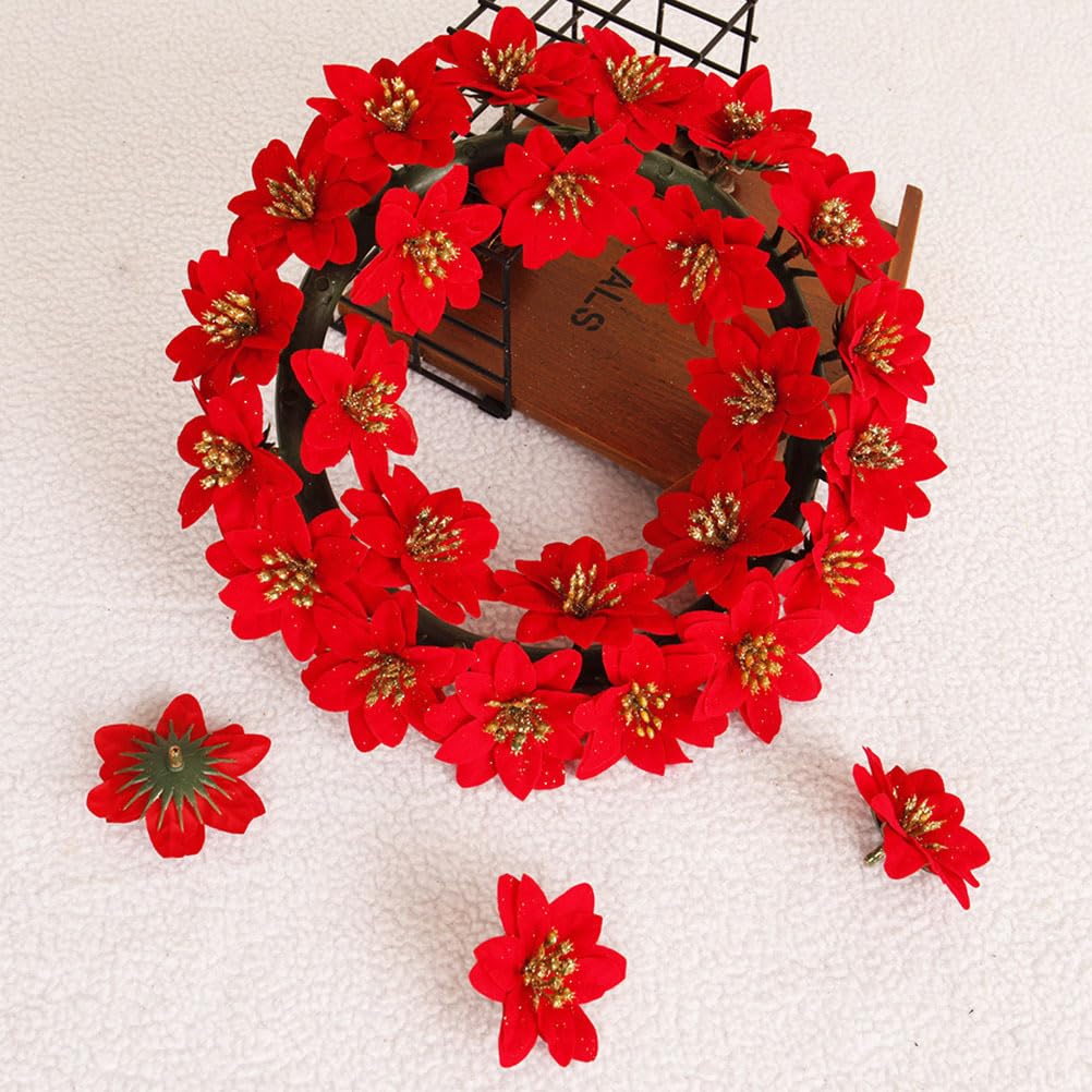 MAGICLULU 10Pcs Christmas Glitter Poinsettia Flowers Poinsettia Flowers Christmas Decor Artificial with Stems Fake Decor Red Artificial Xmas for Xmas Tree Wreath 2.3in - Image 3