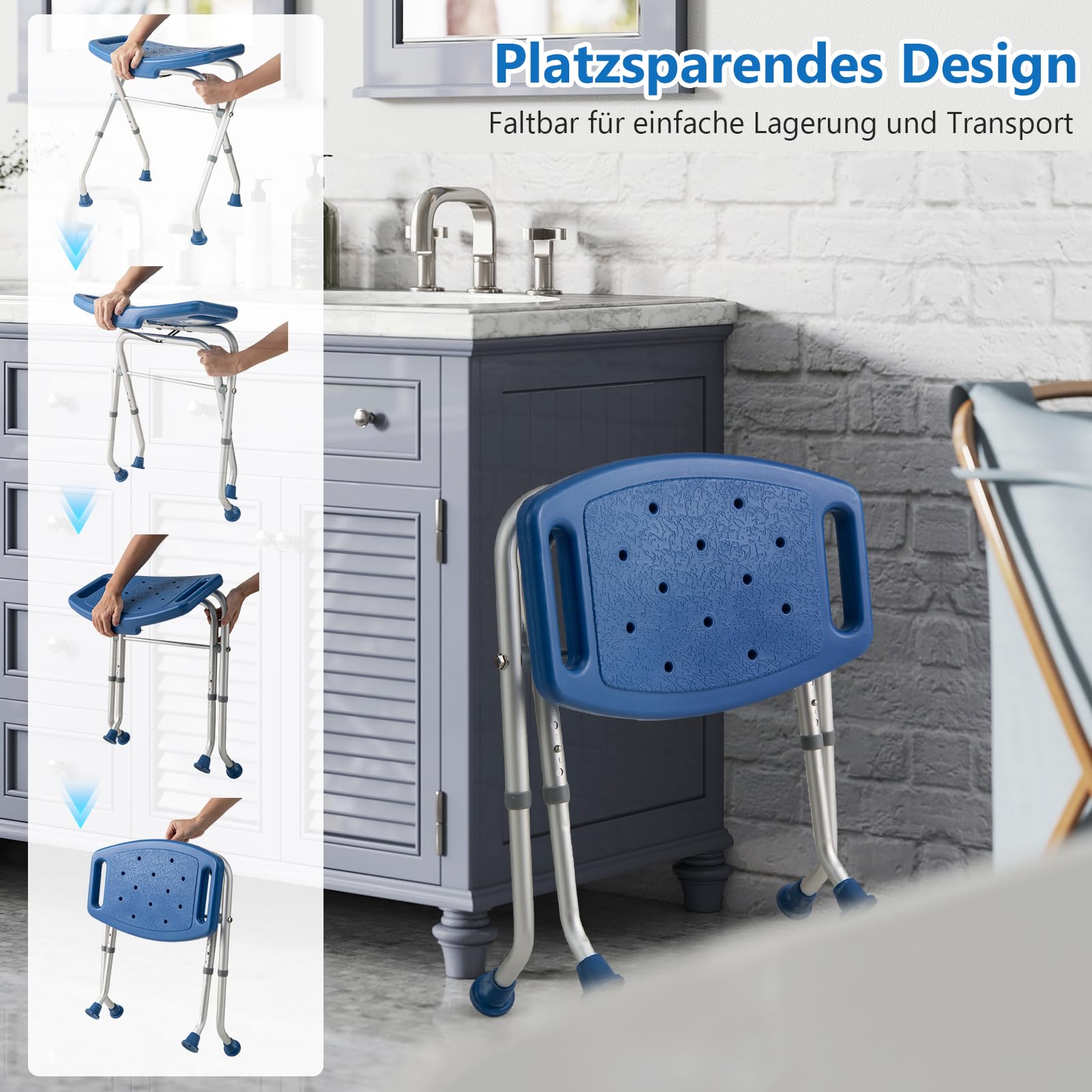 COSTWAY Taboret prysznicowy składany, krzesło prysznicowe 49-52,5 cm, z regulacją wysokości, ławka prysznicowa, obciążenie do 150 kg, taboret łazienkowy z antypoślizgowymi gumowymi nóżkami, pomoc pod