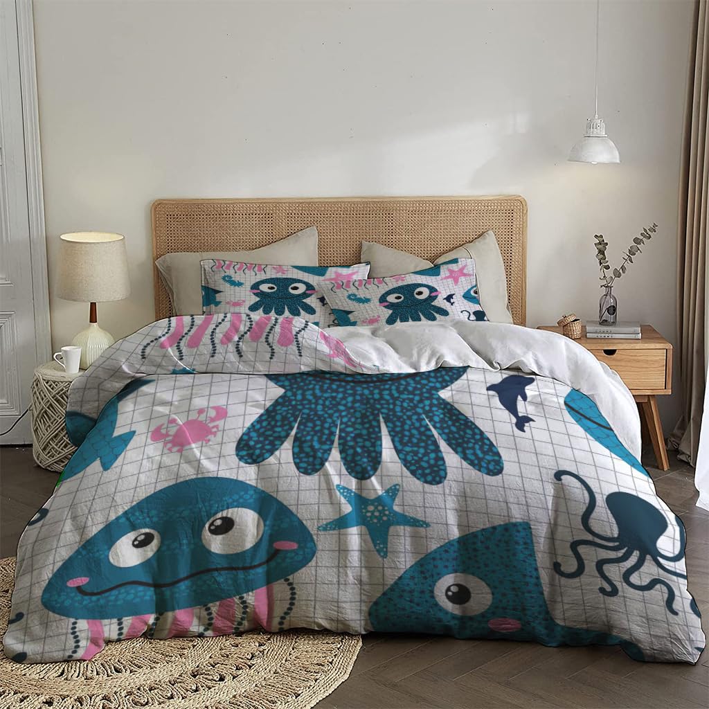 NIBAINLO 布団カバーかわいい海の動物 肌に優しい ピーチスキン加工 掛け布団カバー 和式 洋式 あったか 布団カバーセット リバーシブル ホームステイ ホテル 家庭兼用