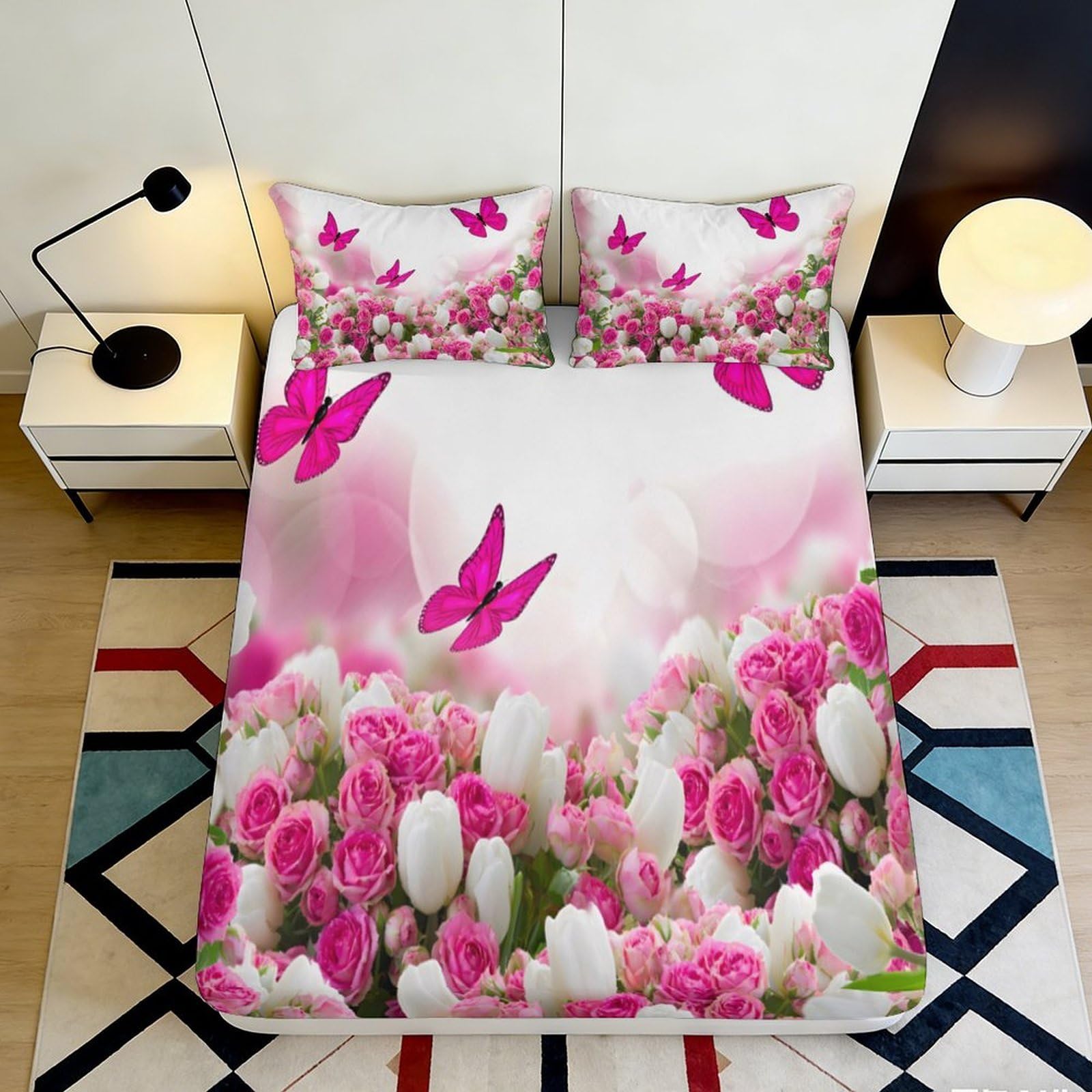 Pnayamiorkfel Style-6 3D Printed Pink Butterfly Fitted Sheet Microfiber Floral Bed Cover Rose Tulip Pattern For Bedroom Guestroom Decor 90X200x25cm