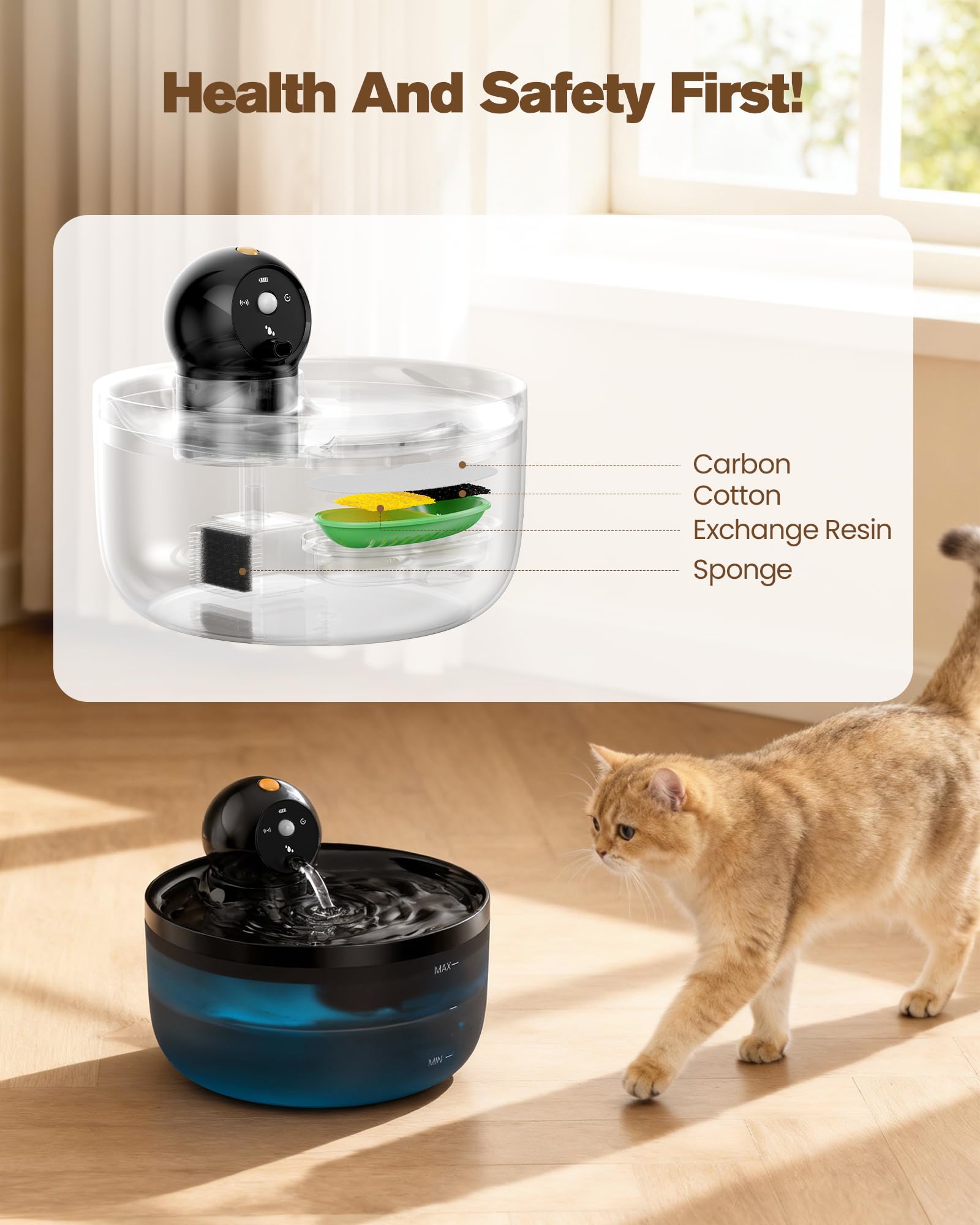 Fontanella Gatto con Sensore Fontana Gatti: Fontanella per Gattis a Batteria - Fontanellas Gatti senza Fili - Dispenser Acqua Cani Ricaricabile - Fontana Gatto con 8 Filtris + 8 Spugnes