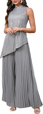 VERWIN 2 Piece Outfits Sequins Top Asymmetrical Sleeveless Top Wide Leg Long Pleated Pants Lounge Set Mock Neck Shirt
