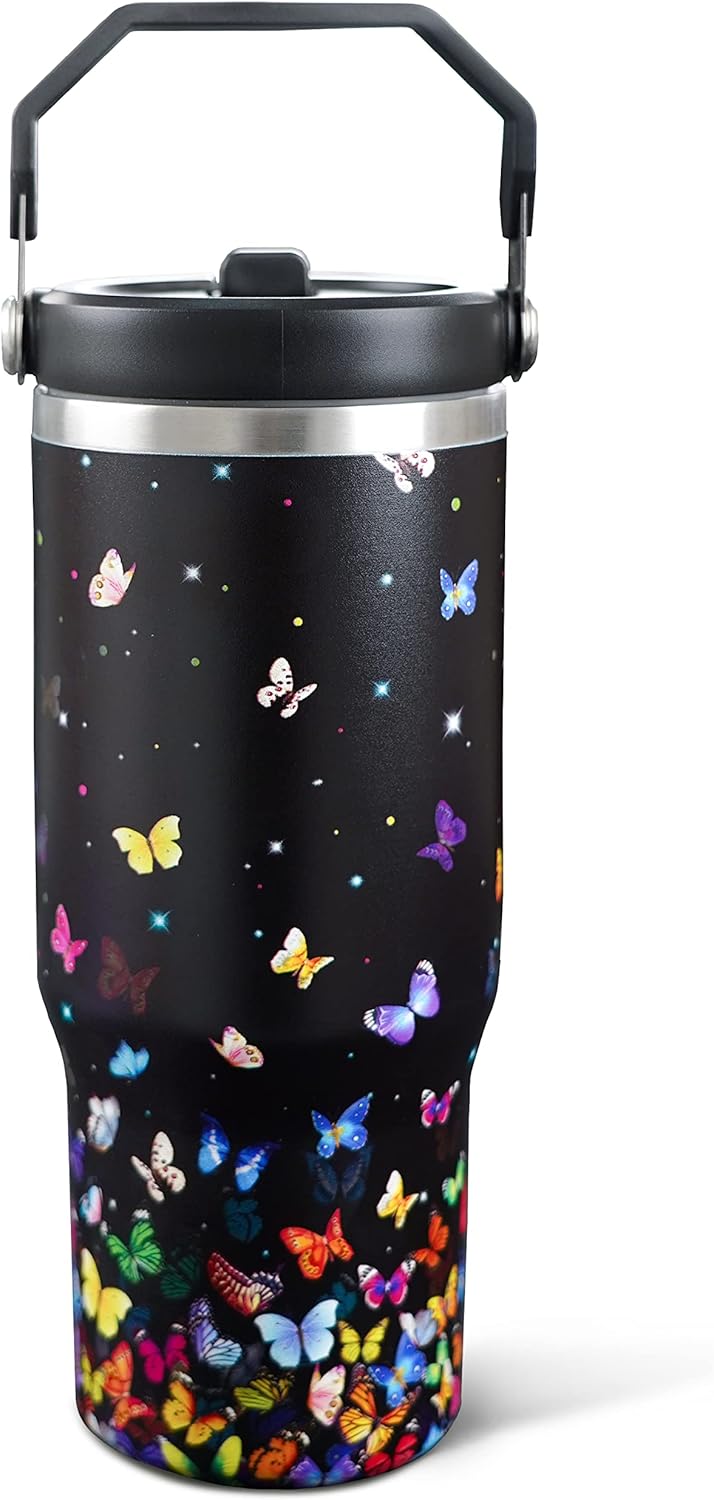 Exacmos 30oz Colorful Butterfly Tumbler with Handle and Straw, Stainless Steel Vacuum Insulated Coffee Tumbler, Travel Mug Water Bottle, Butterflys Stuff Decor Gifts for Women