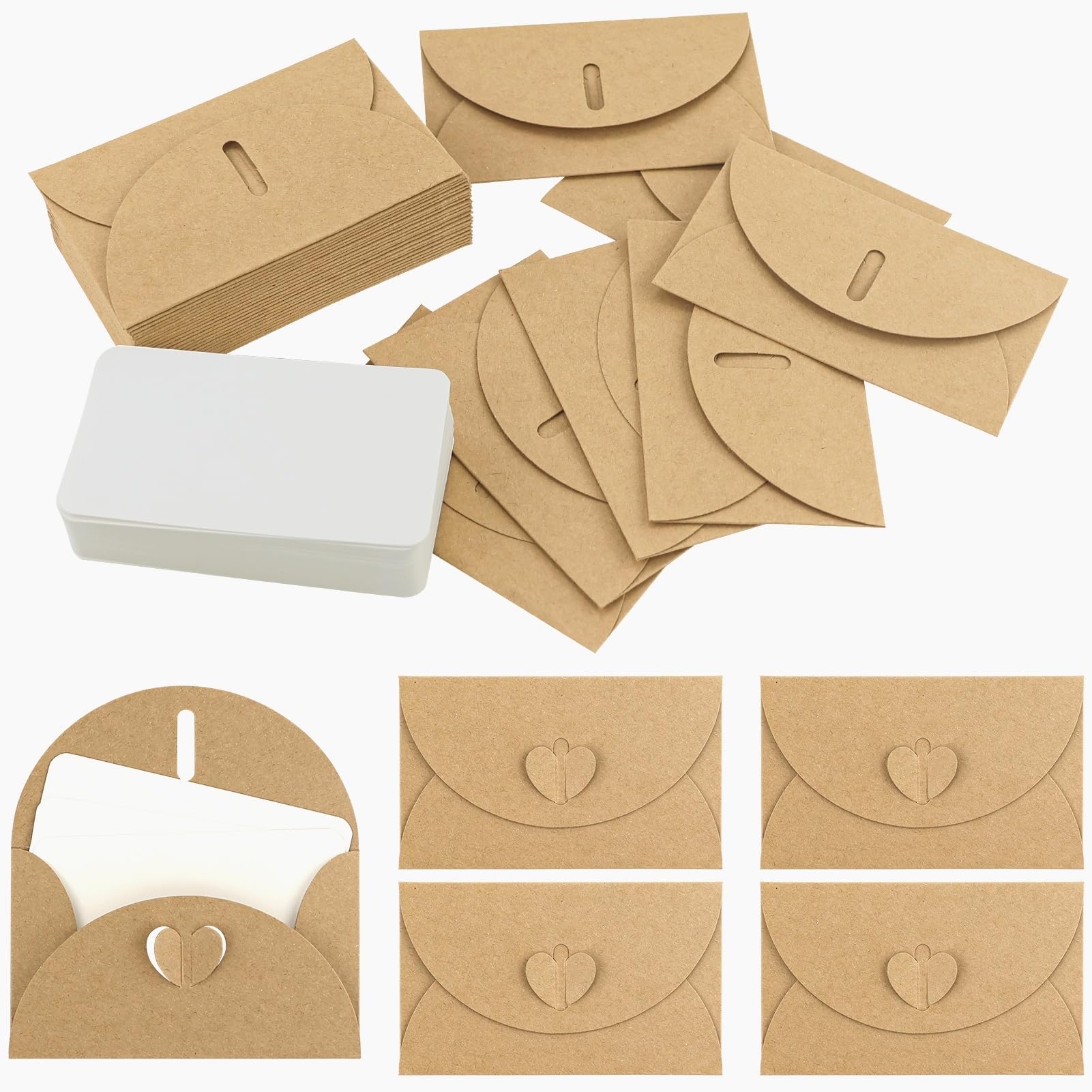 110 Kraft Paper Small Envelopes with 110 Blank Cards, Mini Envelope with Heart Closure for Gift Cards DIY-Graffiti, Mini Gift
