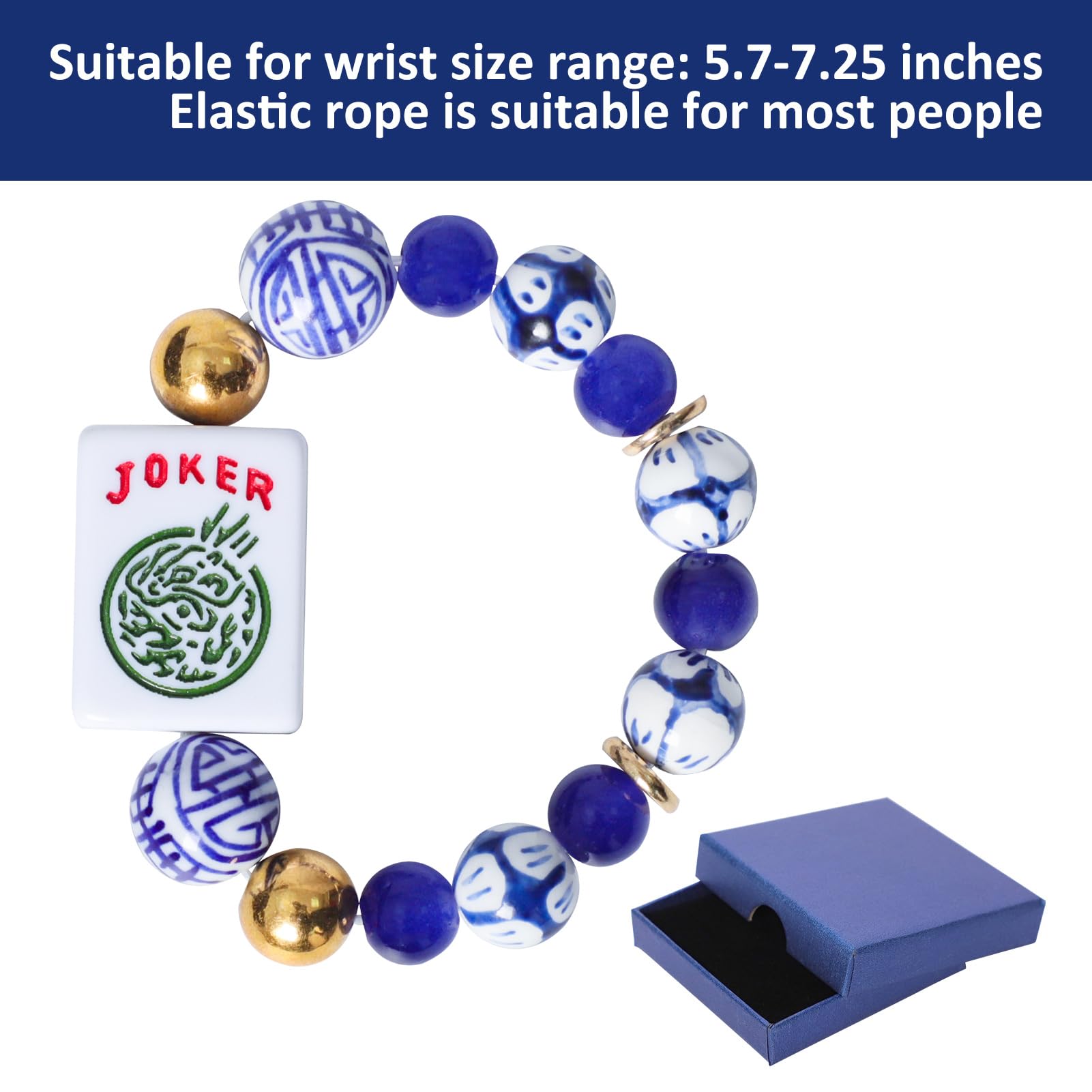 American Mahjong Accessory (Blue) with A Joker Tile, Fits Wrist Sizes Ranging from 5.7 to 7.25 Inches