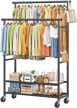 Ekisemio Double Rods Clothes Rack for Hanging Clothes, Rolling Clothing Rack with Wheels, 2-Tier Hanging Rack with Mesh Shelves, Holds 300 LBS for Bedroom, Laundry, Living Room, Black